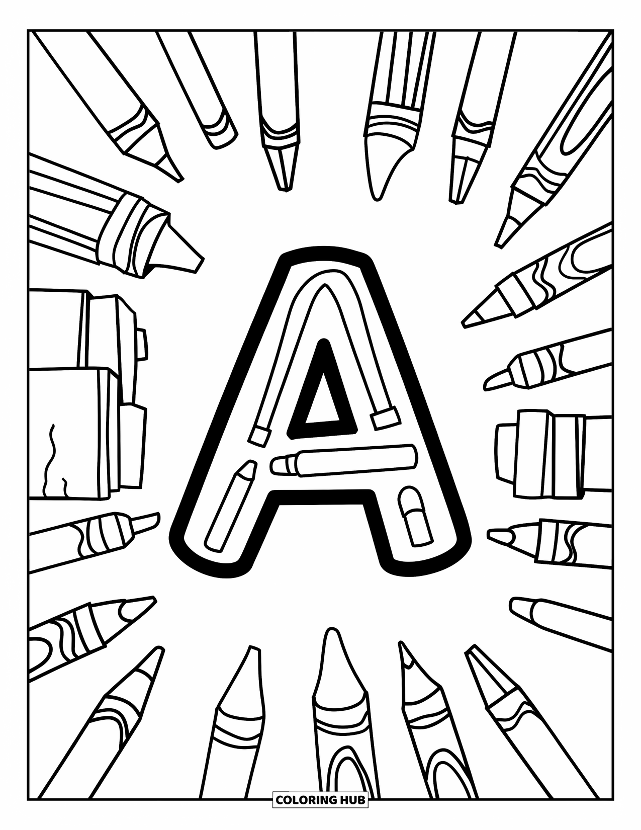 Coloriage Lettre A pour enfants : Un grand A est assis à côté de crayons et de pinceaux sur une toile créative