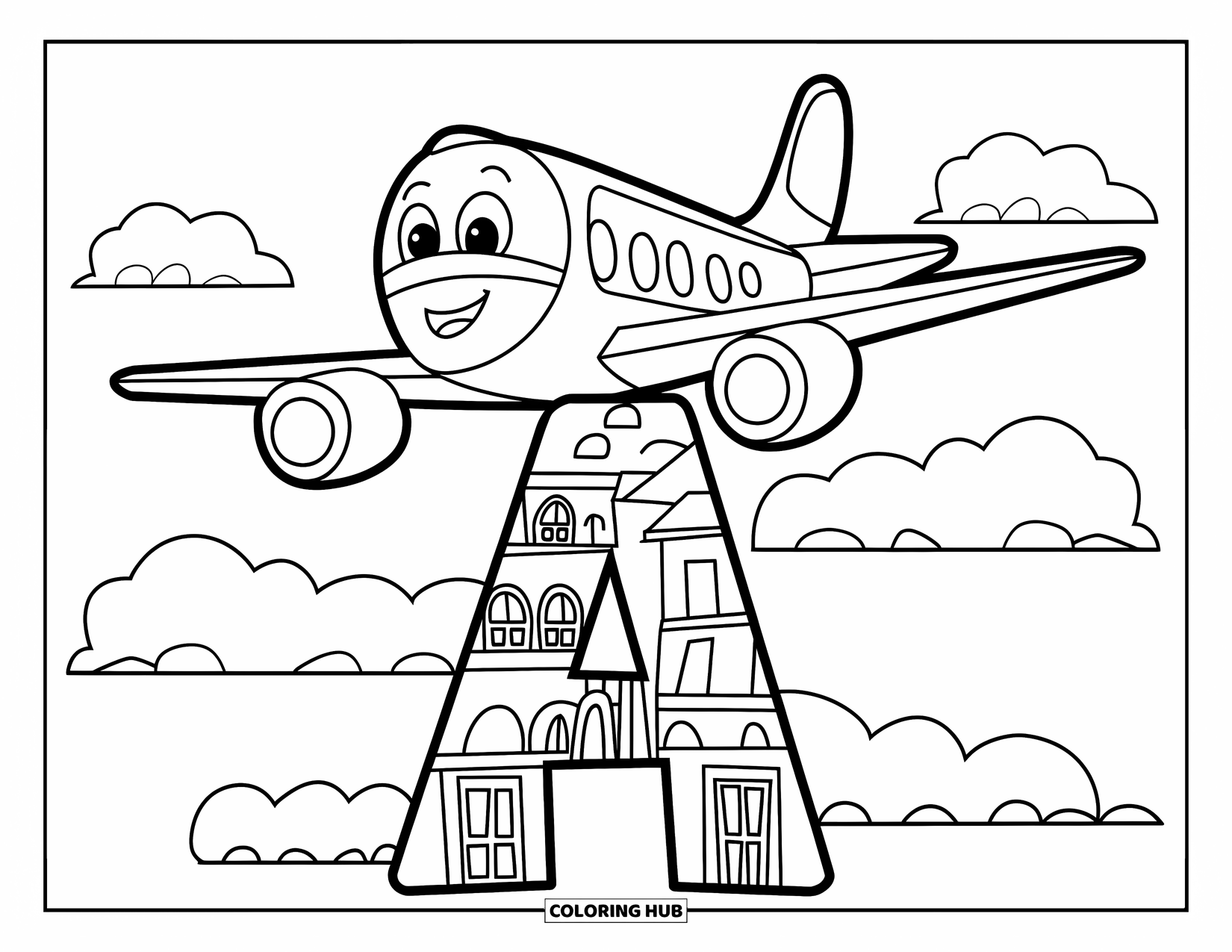 Coloriage Lettre A pour enfants : Un avion joyeux avec des fenêtres rondes vole au-dessus d'un A fait de bâtiments et de nuages