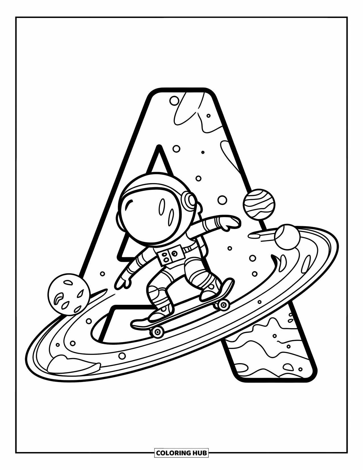 Coloriage Lettre A pour enfants : Un astronaute cool patine sur des anneaux planétaires à l'intérieur d'un A stylisé avec des cratères et des vibrations spatiales