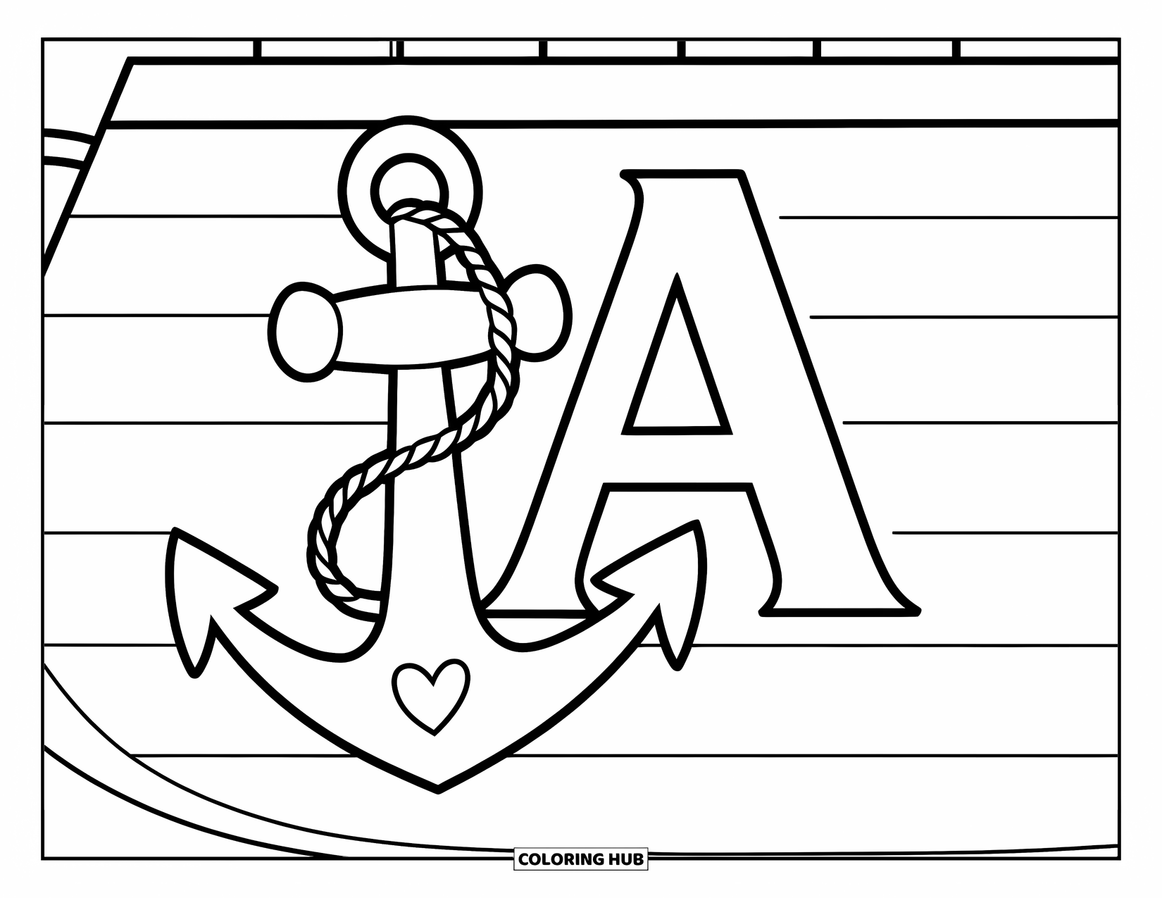 Coloriage Lettre A pour enfants : Une ancre mignonne avec une découpe en forme de cœur est suspendue à côté d'un A sur le pont d'un navire