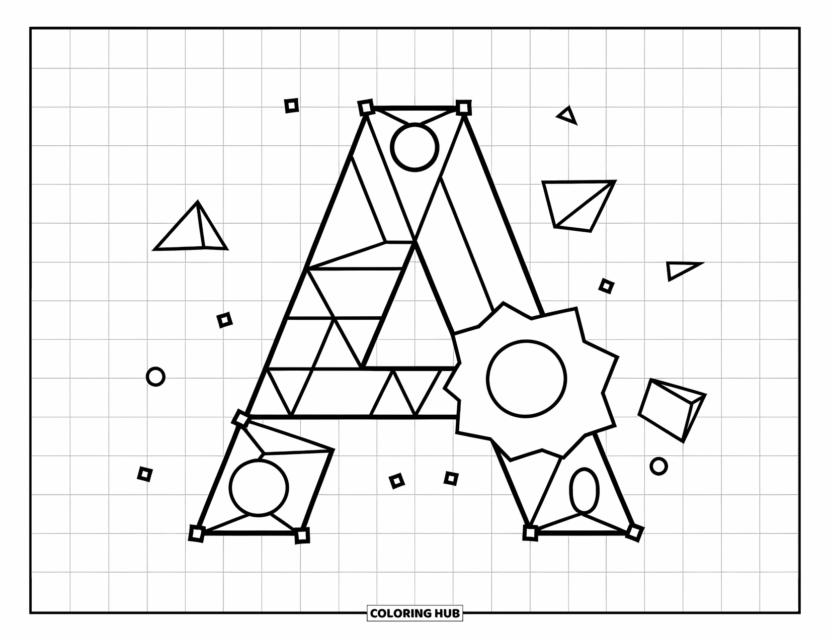 Coloriage Lettre A pour enfants : Un A géométrique construit à partir de formes est centré sur une grille ludique