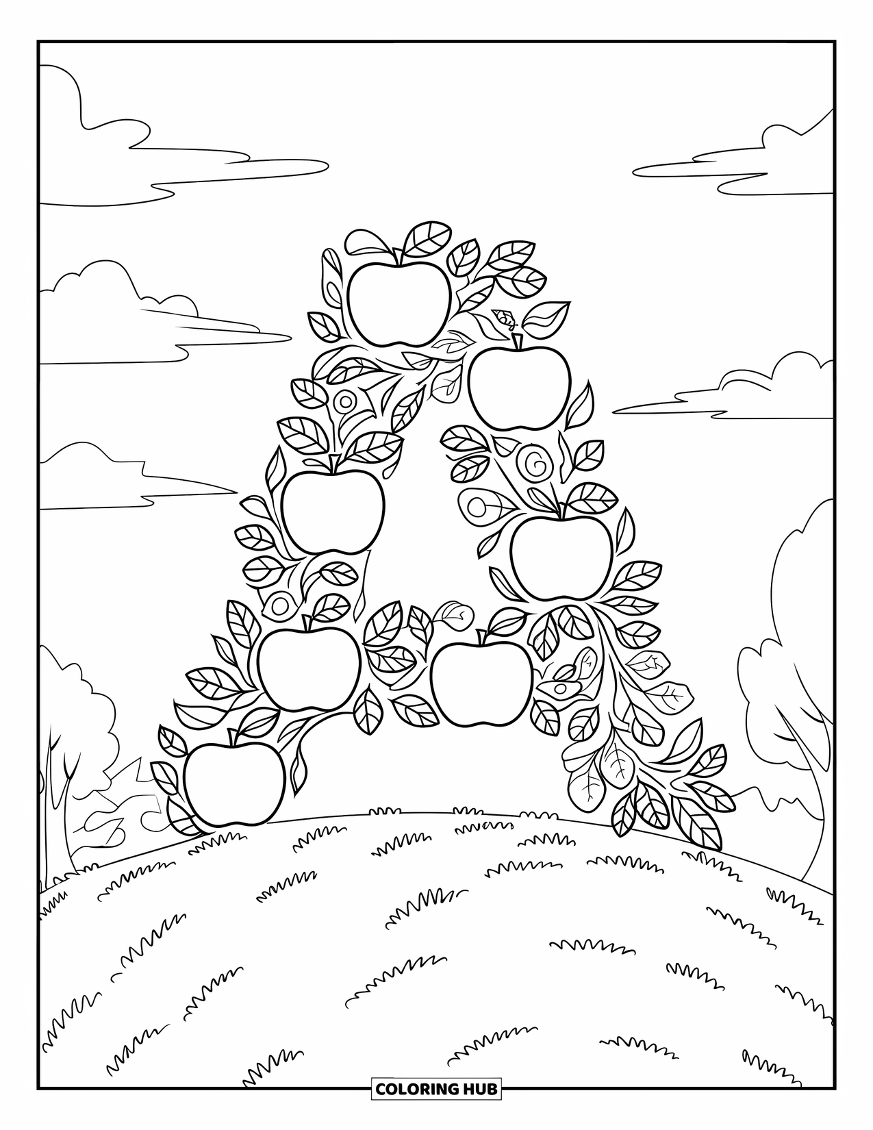 Coloriage Lettre A pour enfants : Un A géant fait de branches de pommier est assis sur une colline avec des pommes et des arbres à proximité