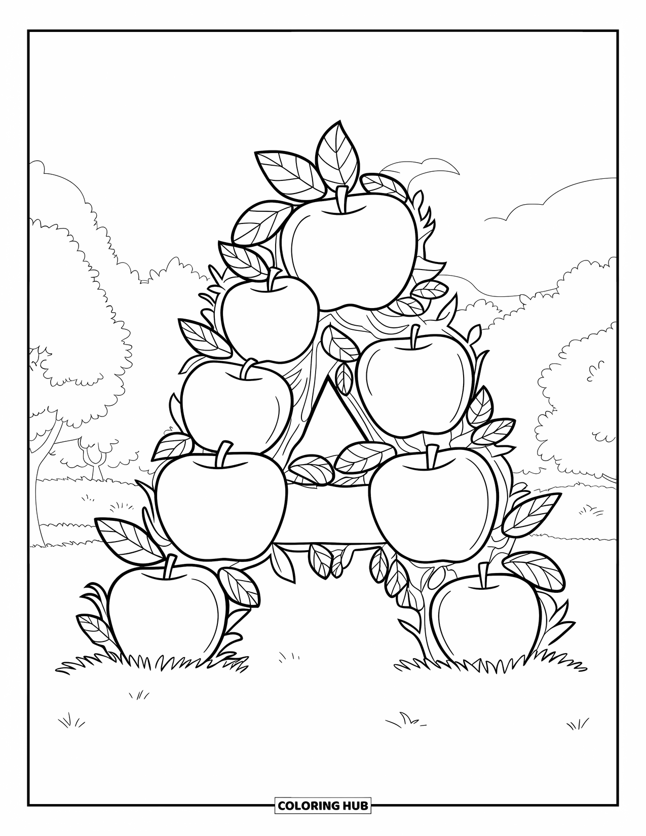 Coloriage Lettre A pour enfants : Un A géant fait de branches de pommier se dresse dans un champ de pommes et d'arbres