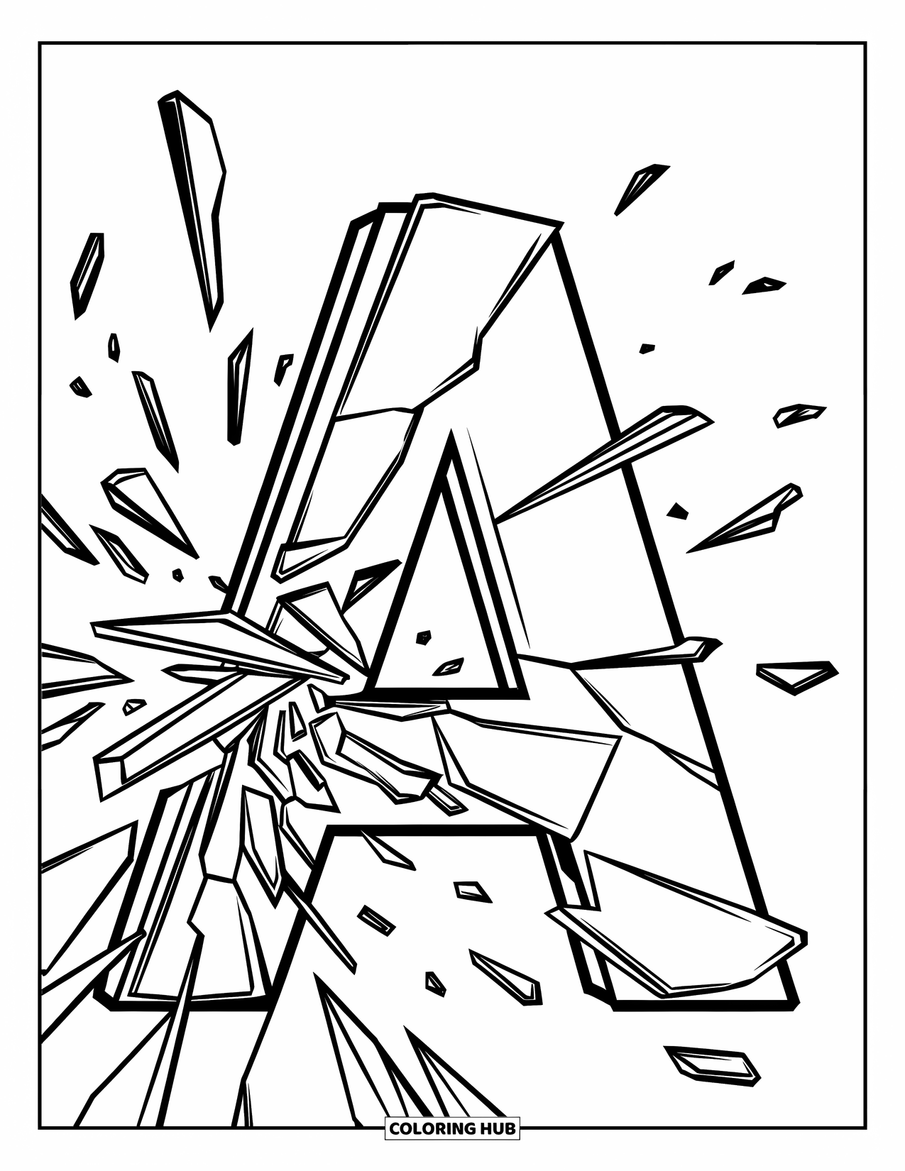 Coloriage Lettre A pour enfants : Des éclats de verre volent vers l'extérieur, formant une lettre A audacieuse et expressive