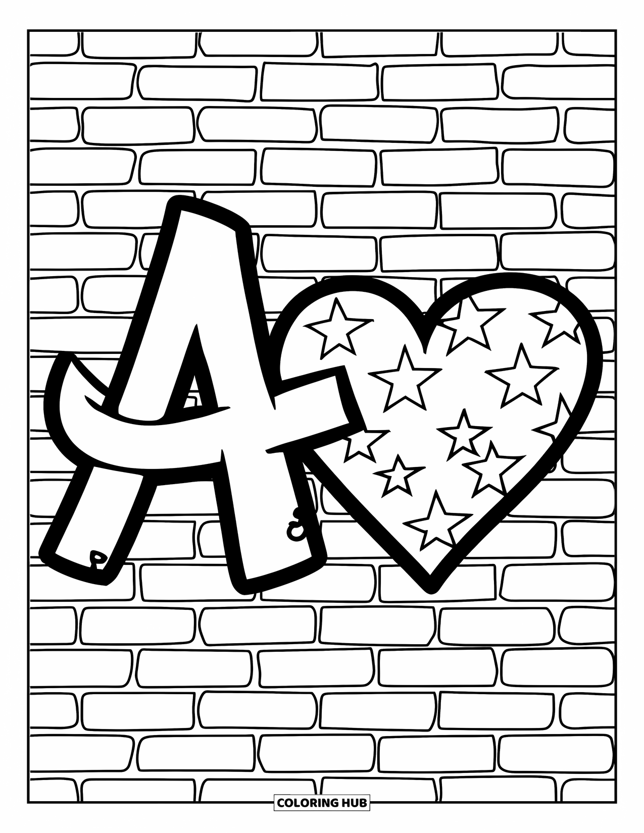 Coloriage Lettre A pour enfants : Un A graffiti et un cœur sont assis sur un mur de briques rempli d'étoiles et de motifs tourbillonnants