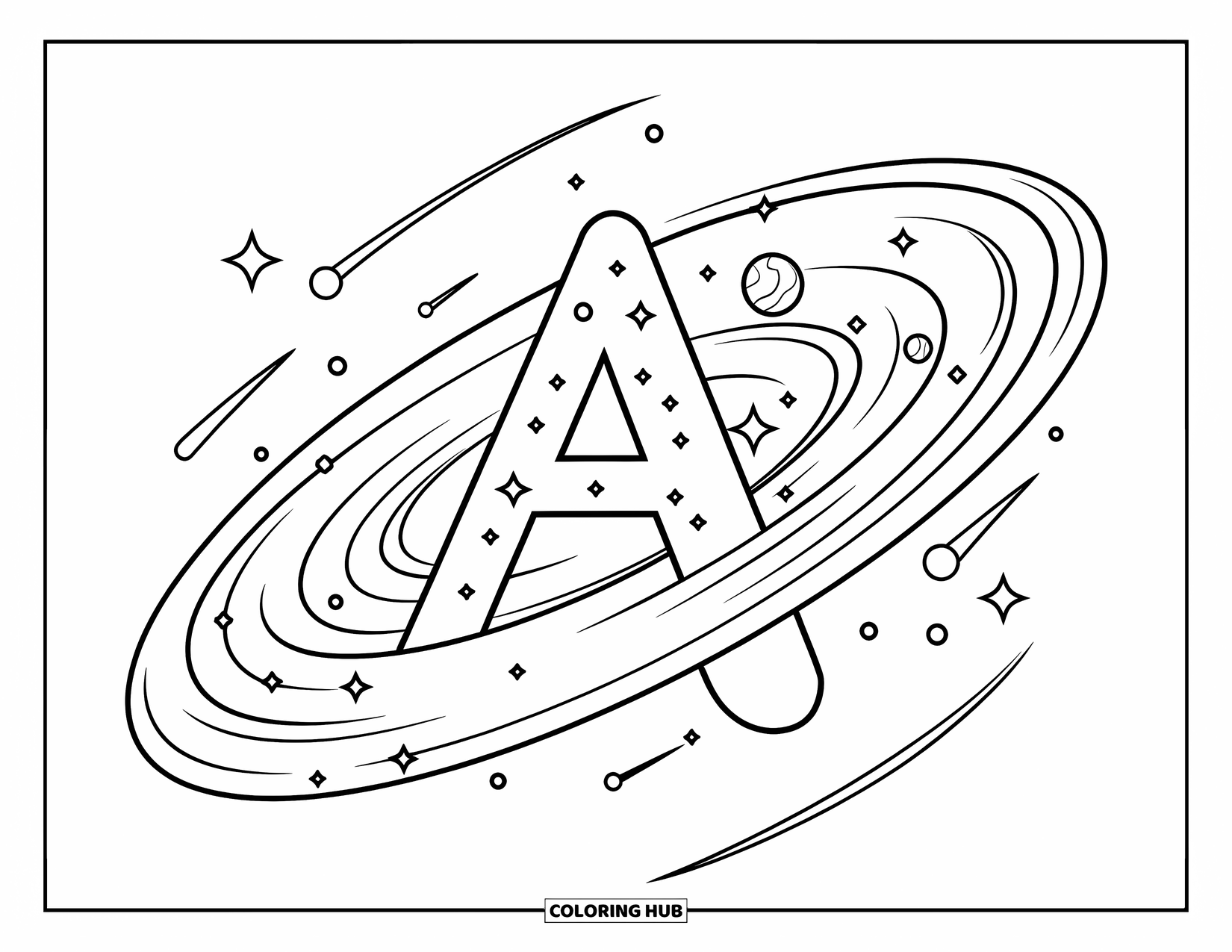 Coloriage Lettre A pour enfants : La lettre A tourne à travers une galaxie tourbillonnante avec des planètes, des étoiles et des traînées filantes