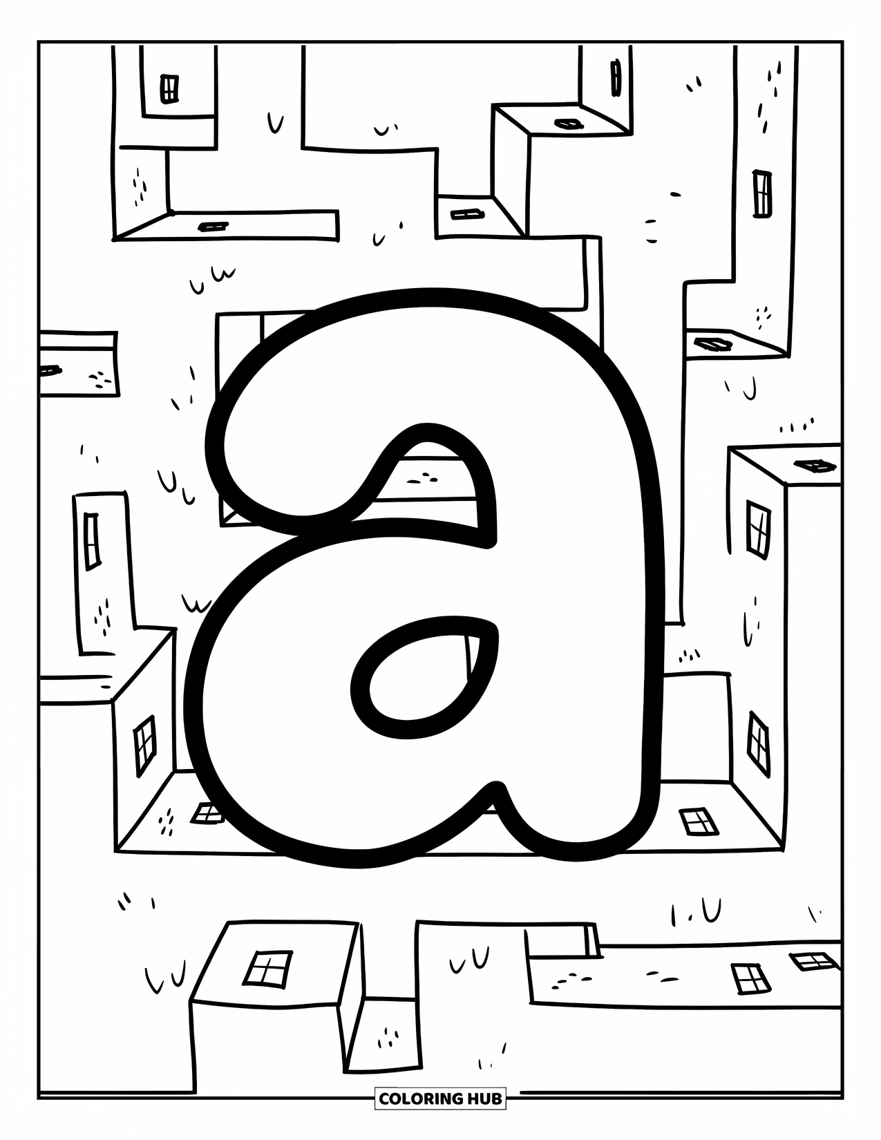 Coloriage Lettre A pour enfants : Un a minuscule jette un coup d'œil depuis un labyrinthe avec de hauts murs et de minuscules fenêtres