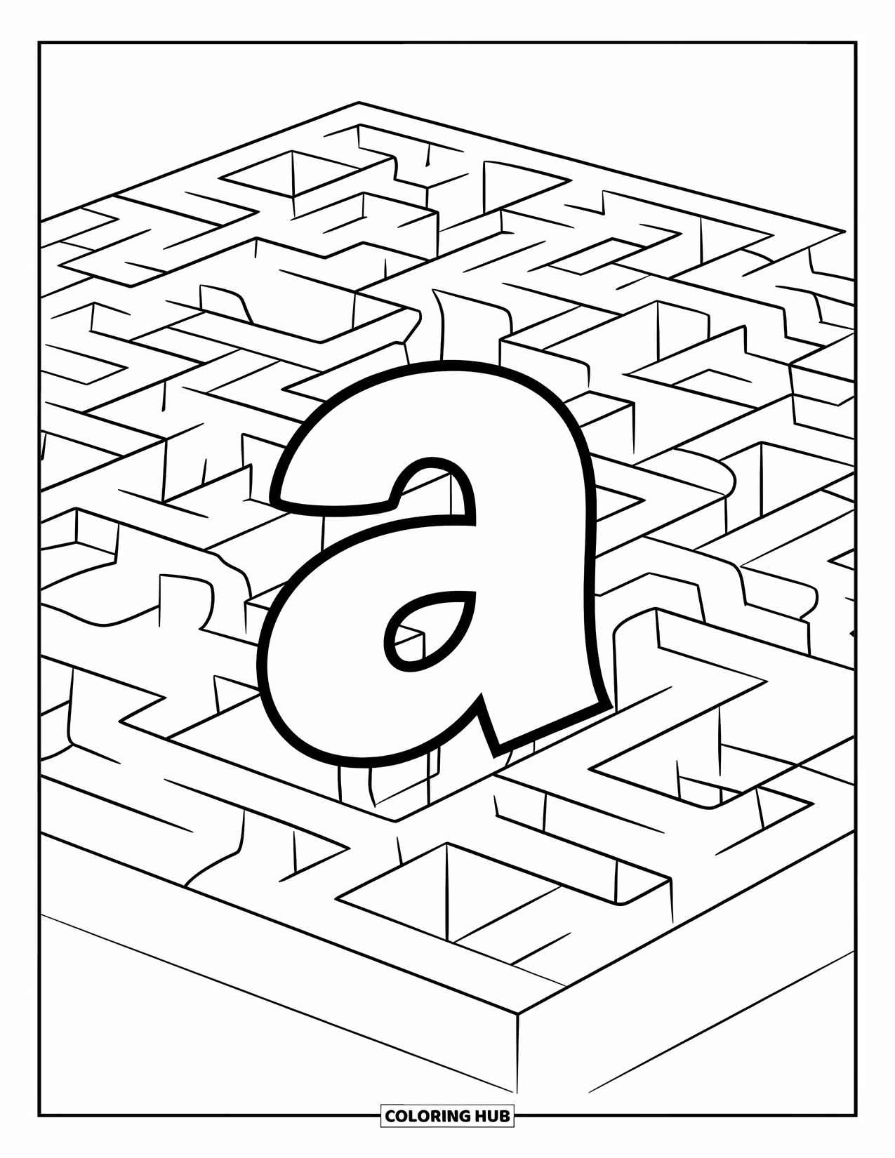 Coloriage Lettre A pour enfants : Un a minuscule est assis au fond d'un labyrinthe fait de murs épais et sinueux