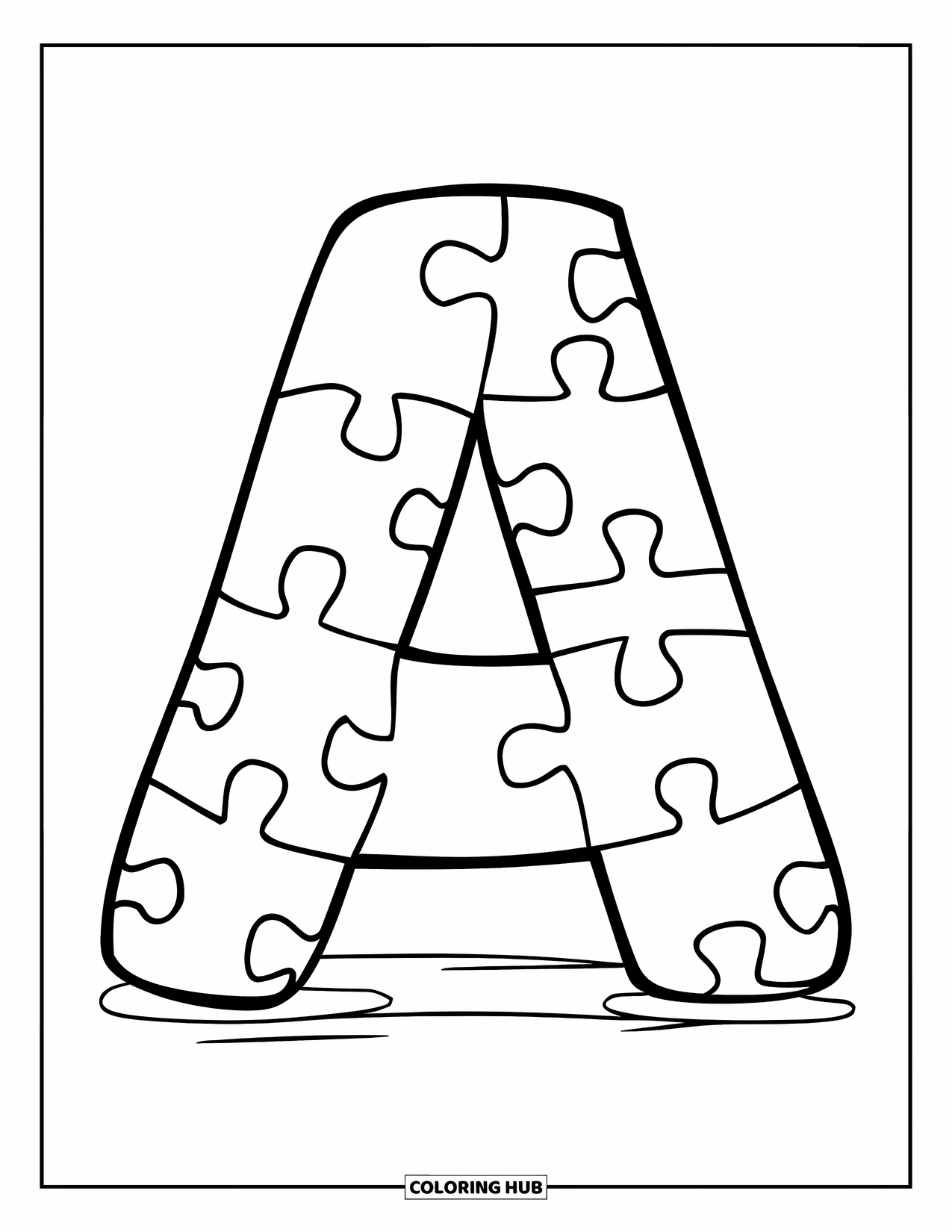 Coloriage Lettre A pour enfants : Un A en pièce de puzzle est assis sur un fond clair avec des formes amusantes et des détails doux