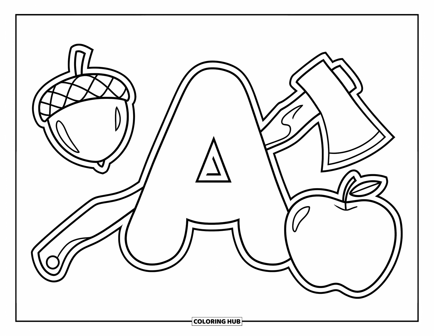 Coloriage Lettre A pour enfants : Un A arrondi est associé à une pomme, un gland et une hache dans une disposition soignée