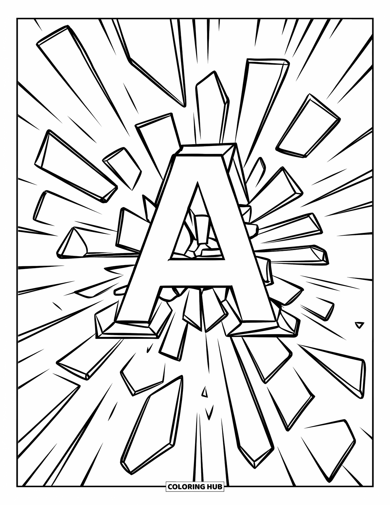 Coloriage Lettre A pour enfants : Des morceaux de verre brisé forment un A audacieux avec des éclats volant dans toutes les directions