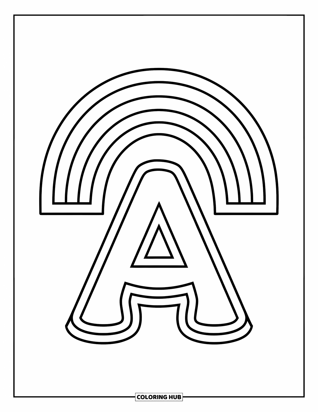 Coloriage Lettre A pour enfants : Un A en forme de bouclier repose sous un arc-en-ciel s'étendant sur le dessus
