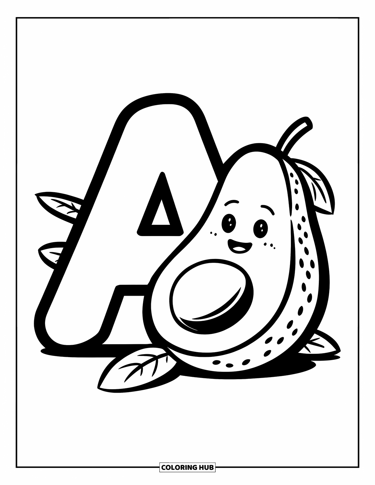 Coloriage Lettre A pour enfants : Un avocat souriant repose près d'un A avec de petites tiges ajoutant un détail amusant