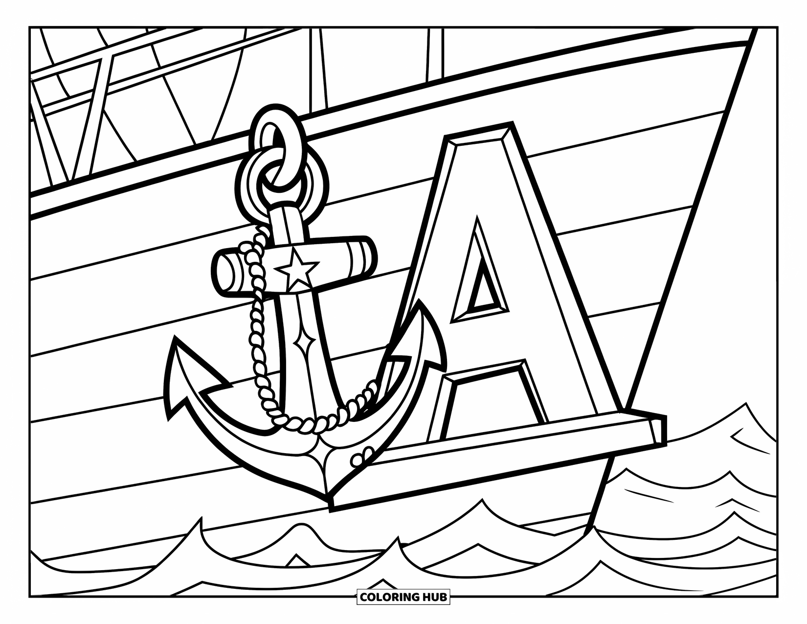 Coloriage Lettre A pour enfants : Une ancre en forme d'étoile se balance à côté d'un A sur une planche de bois au-dessus des vagues déferlantes