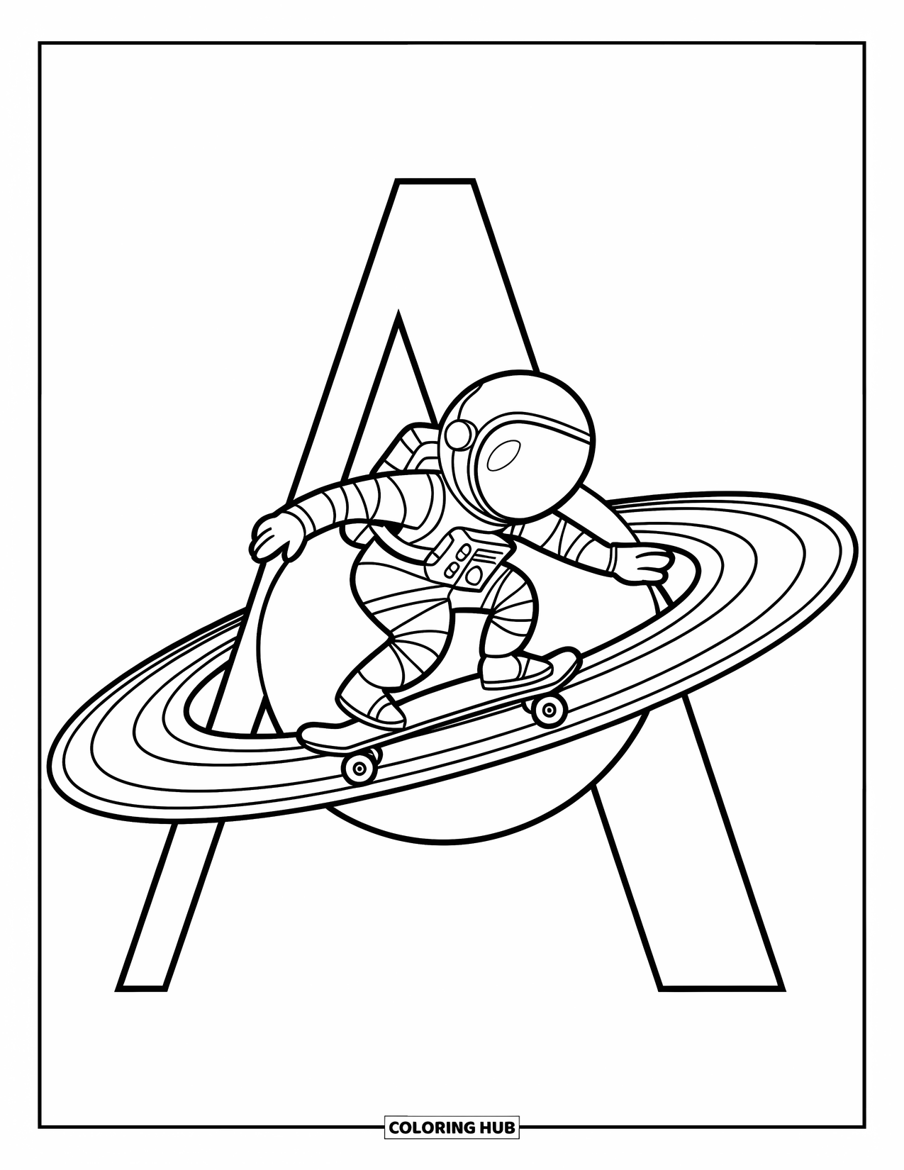 Coloriage Lettre A pour enfants : Un A stylisé tient un astronaute faisant du skateboard sur un anneau planétaire flottant