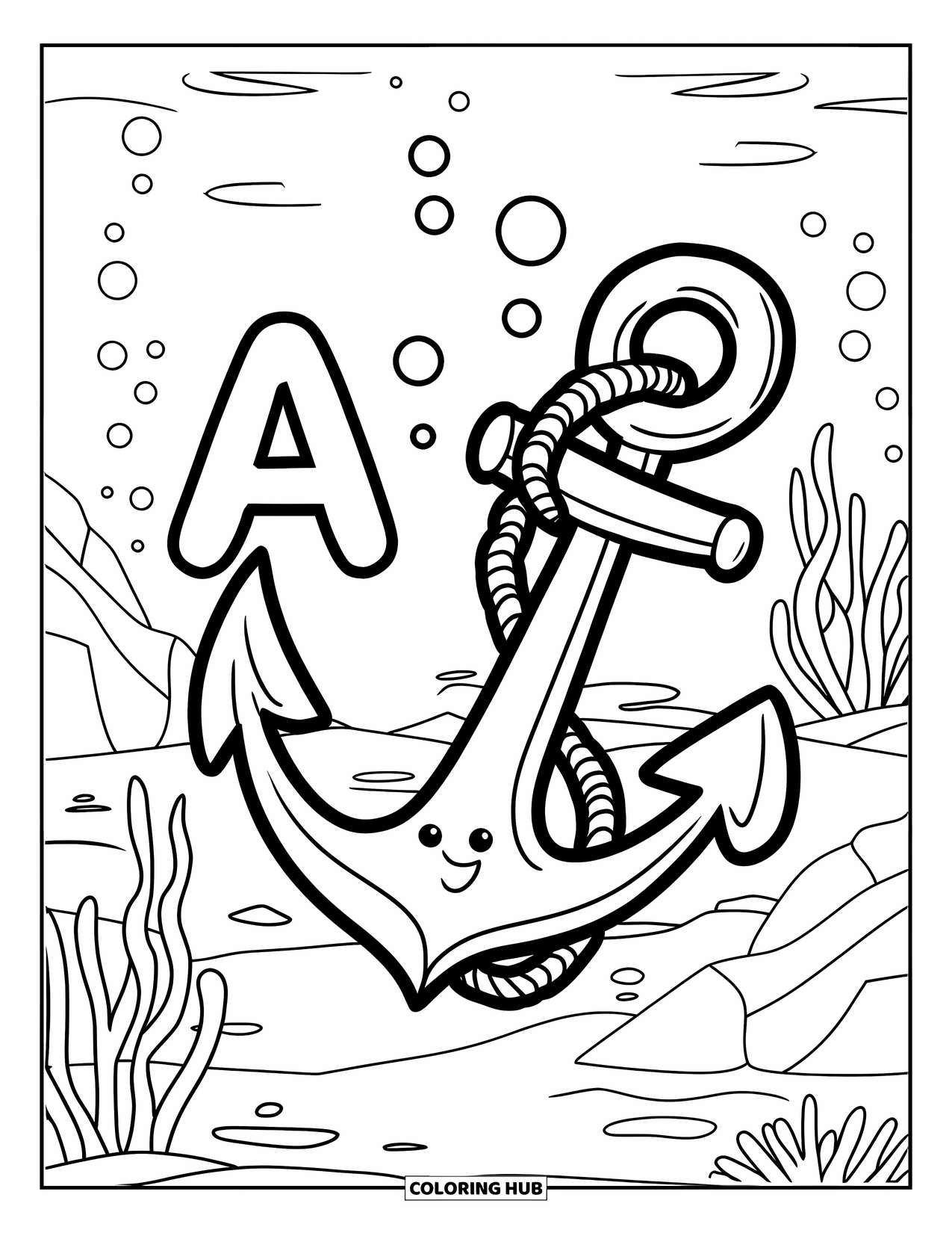 Coloriage Lettre A pour enfants : Une ancre A sous-marine avec un sourire flotte doucement avec des bulles, des plantes et des roches à proximité