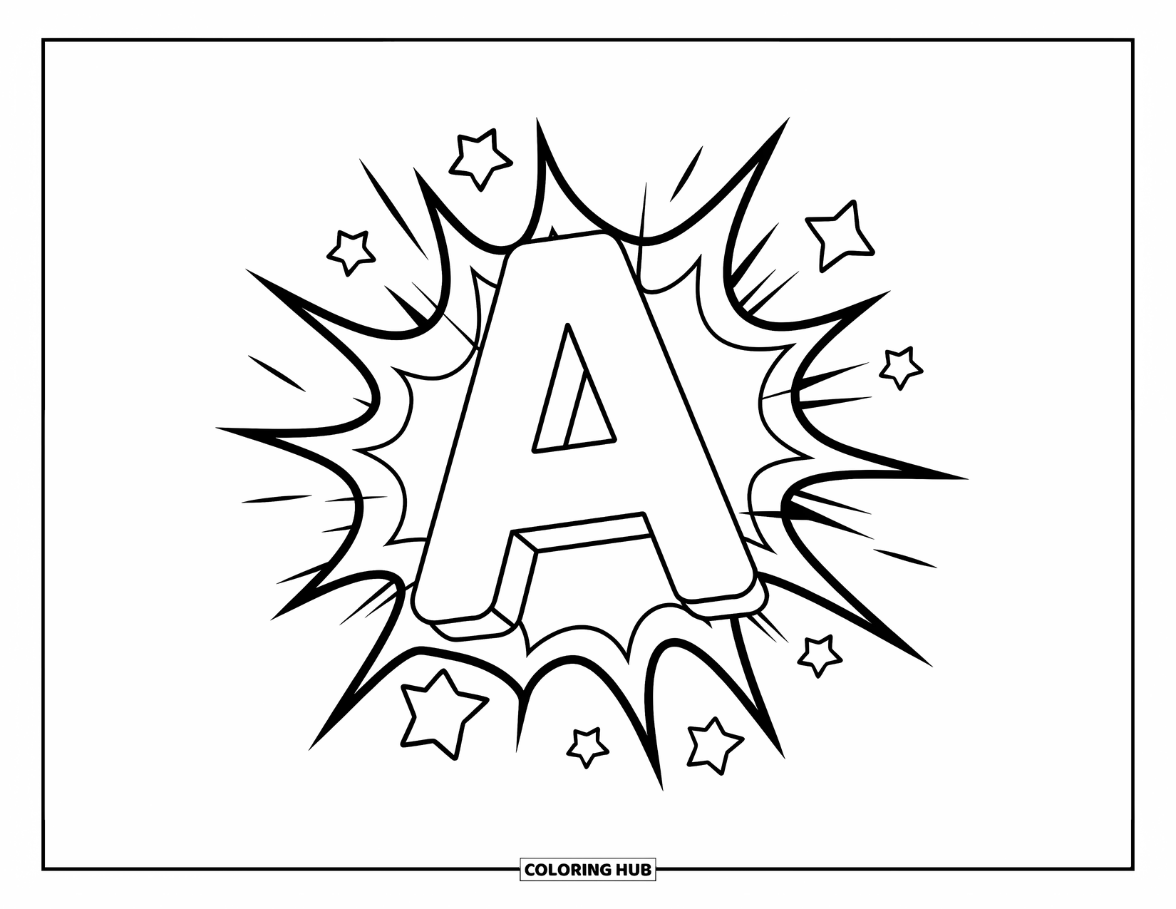 Coloriage Lettre A pour enfants : Un A majuscule et minuscule flotte à l'intérieur d'une explosion de style bande dessinée remplie d'étoiles et de tourbillons