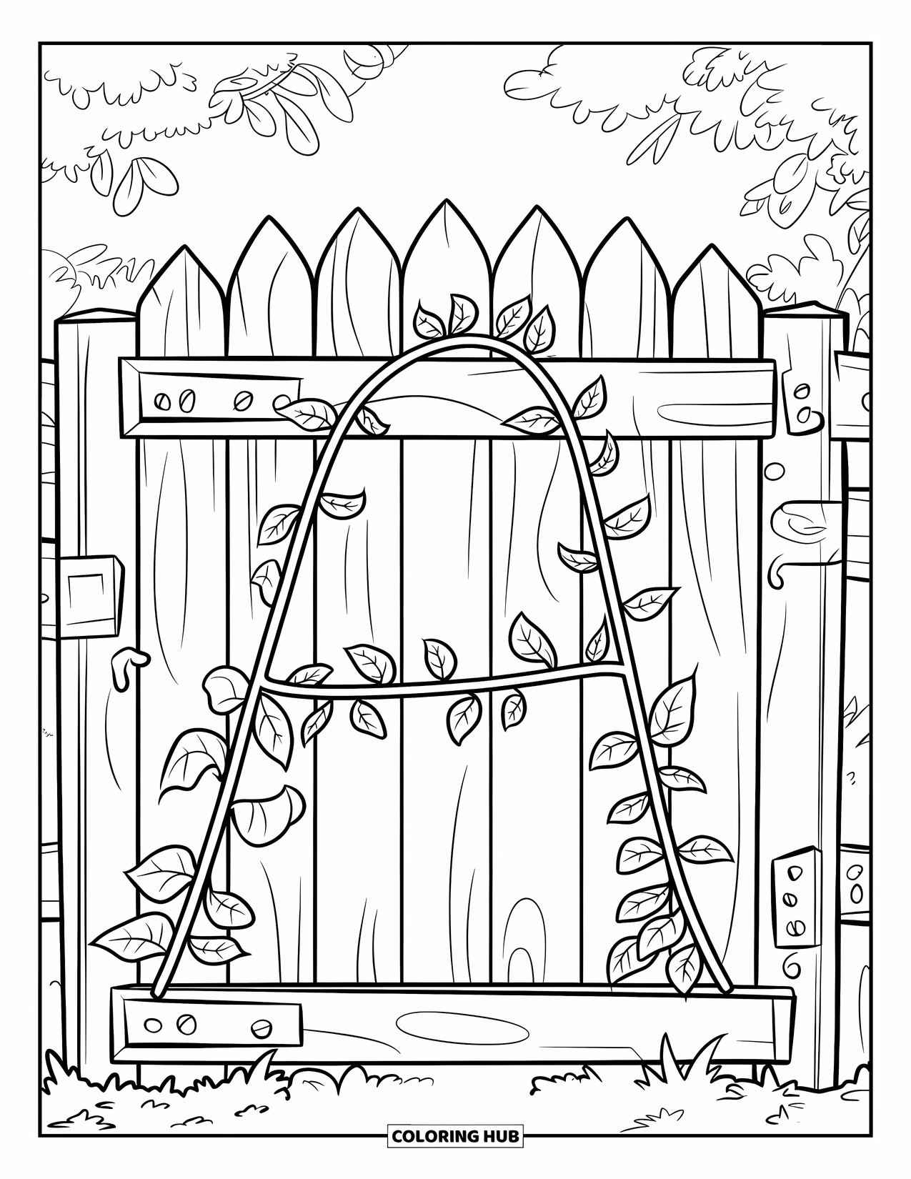 Coloriage Lettre A pour enfants : Des vignes se tordent à travers une porte en bois pour former un a minuscule avec de minuscules feuilles