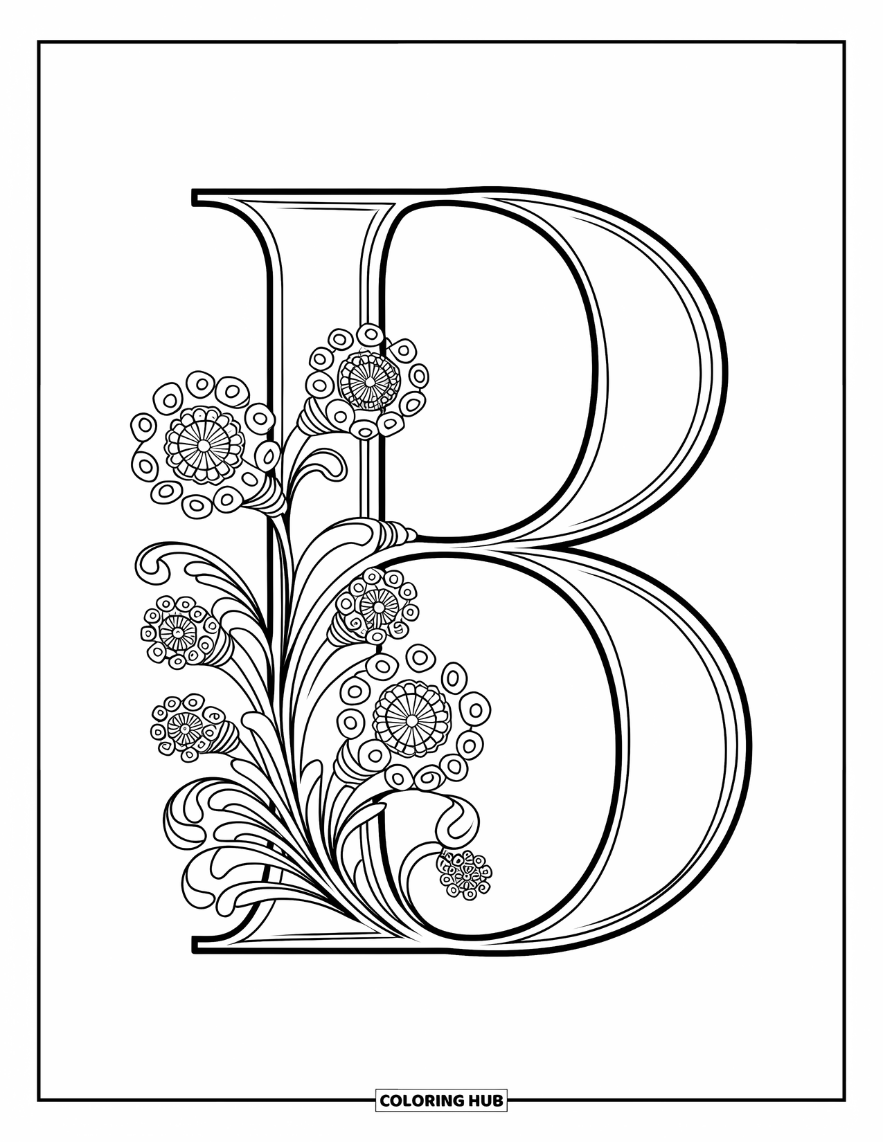 Letter B Coloring Page for Adults: A baroque-inspired B surrounded by lacy spirals and artistic floral details