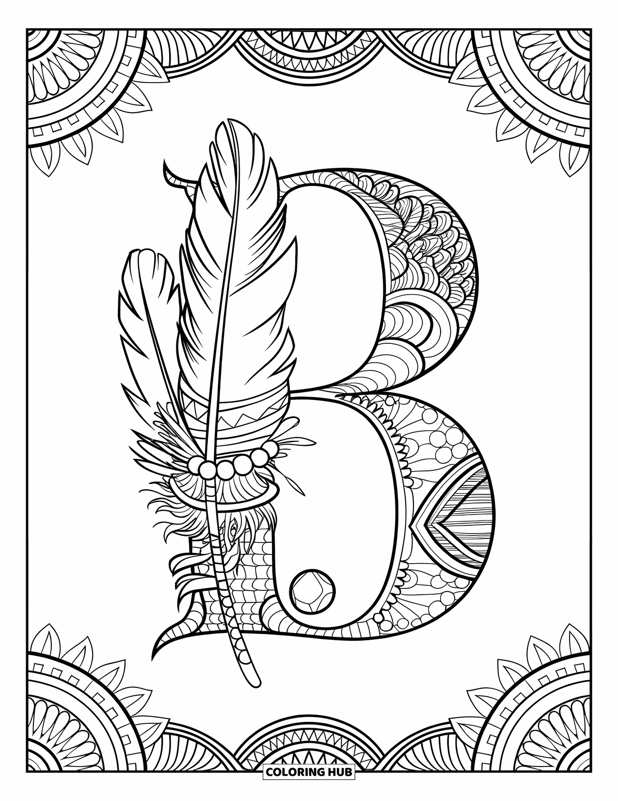 Letter B Coloring Page for Adults: A boho-style B decorated with feathers, beads, and woven fabric accents