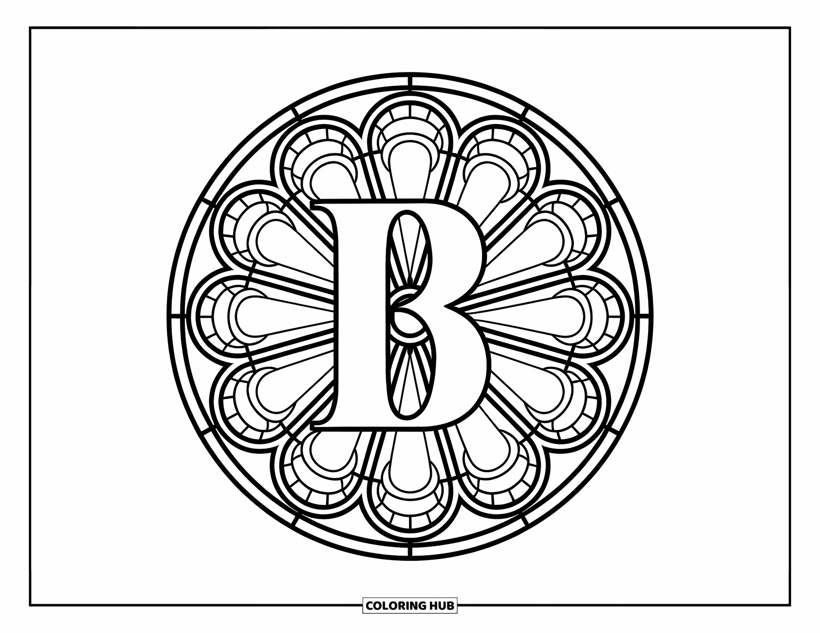 Letter B Coloring Page for Adults: A bold letter B framed by a stained glass rose window made of uniquely patterned glass sections