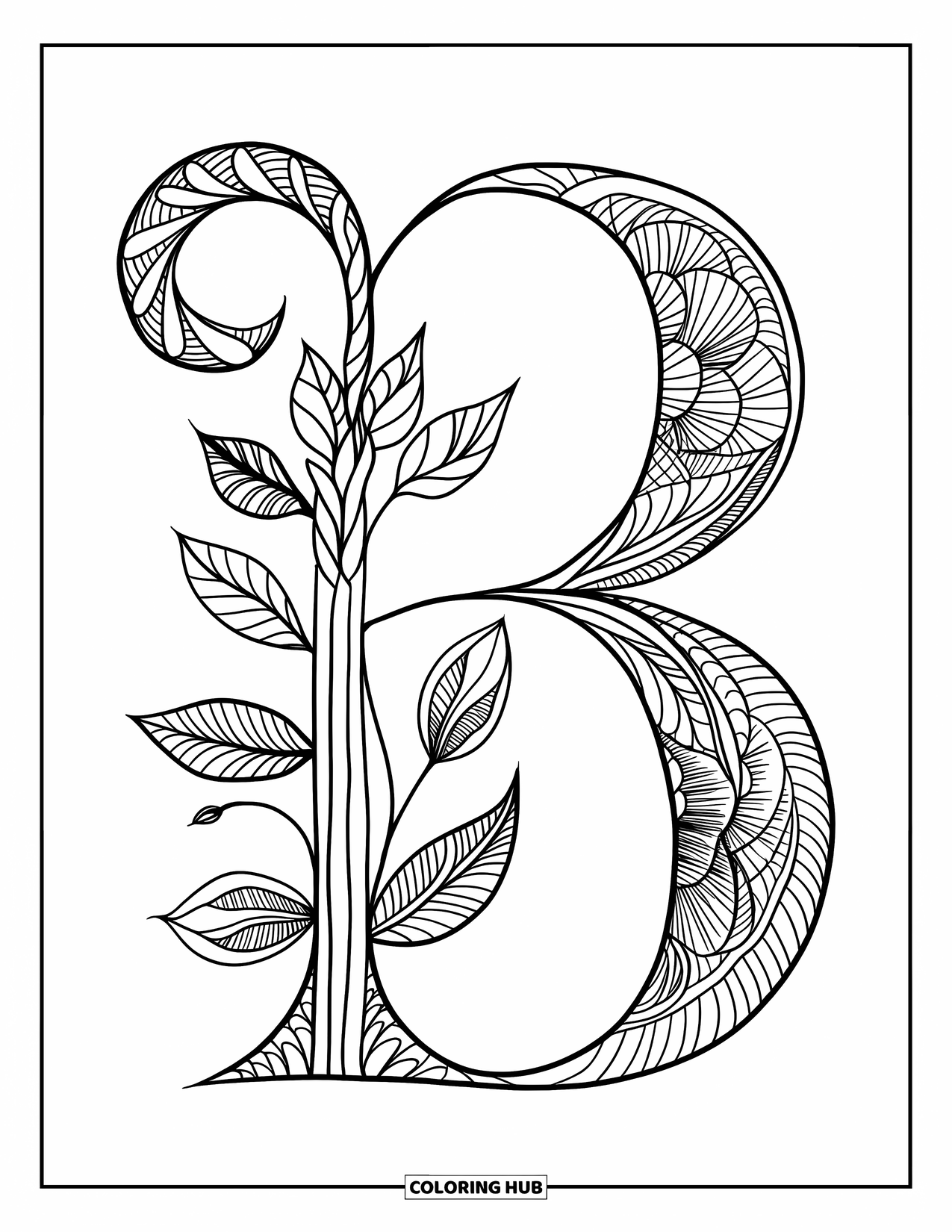 Letter B Coloring Page for Adults: A botanical zentangle B with a stem-like curve and leafy details