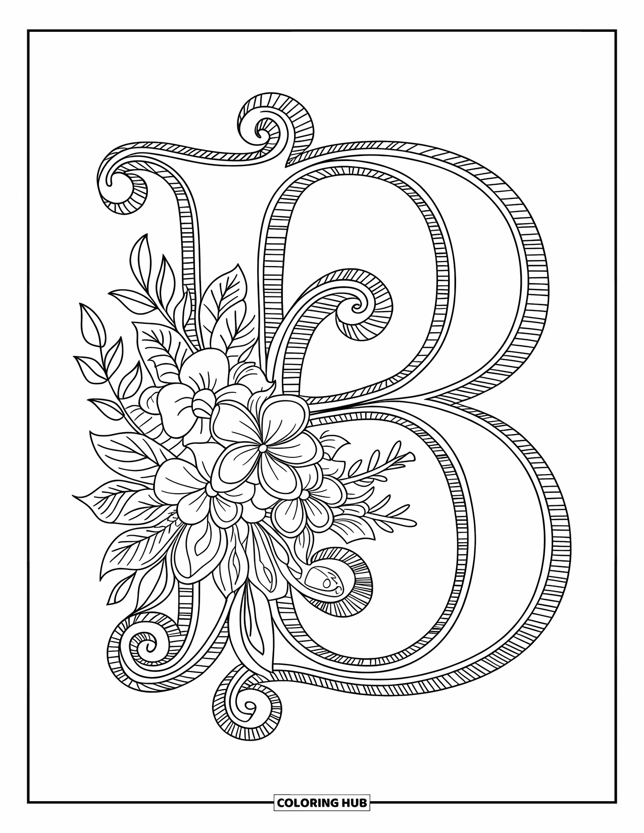 Letter B Coloring Page for Adults: A bouquet-wrapped baroque B sits on a textured background with ornate spirals