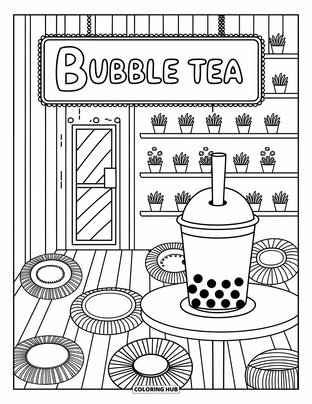 Letter B Coloring Page for Adults: A bubble tea cafÈ sign shaped like "B" with boba cups and boho cushions