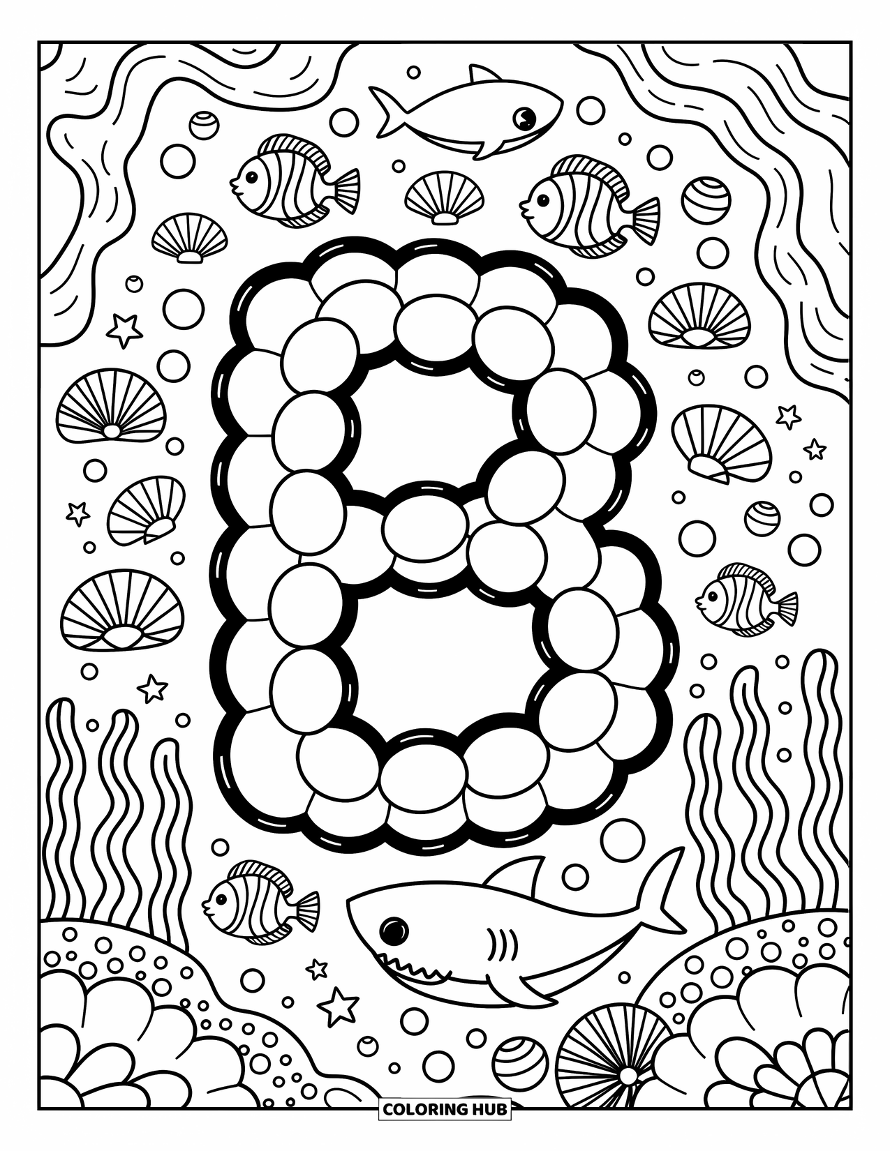 Letter B Coloring Page for Adults: A bubbly "B" with blowfish, seaweed, and coral reef friends