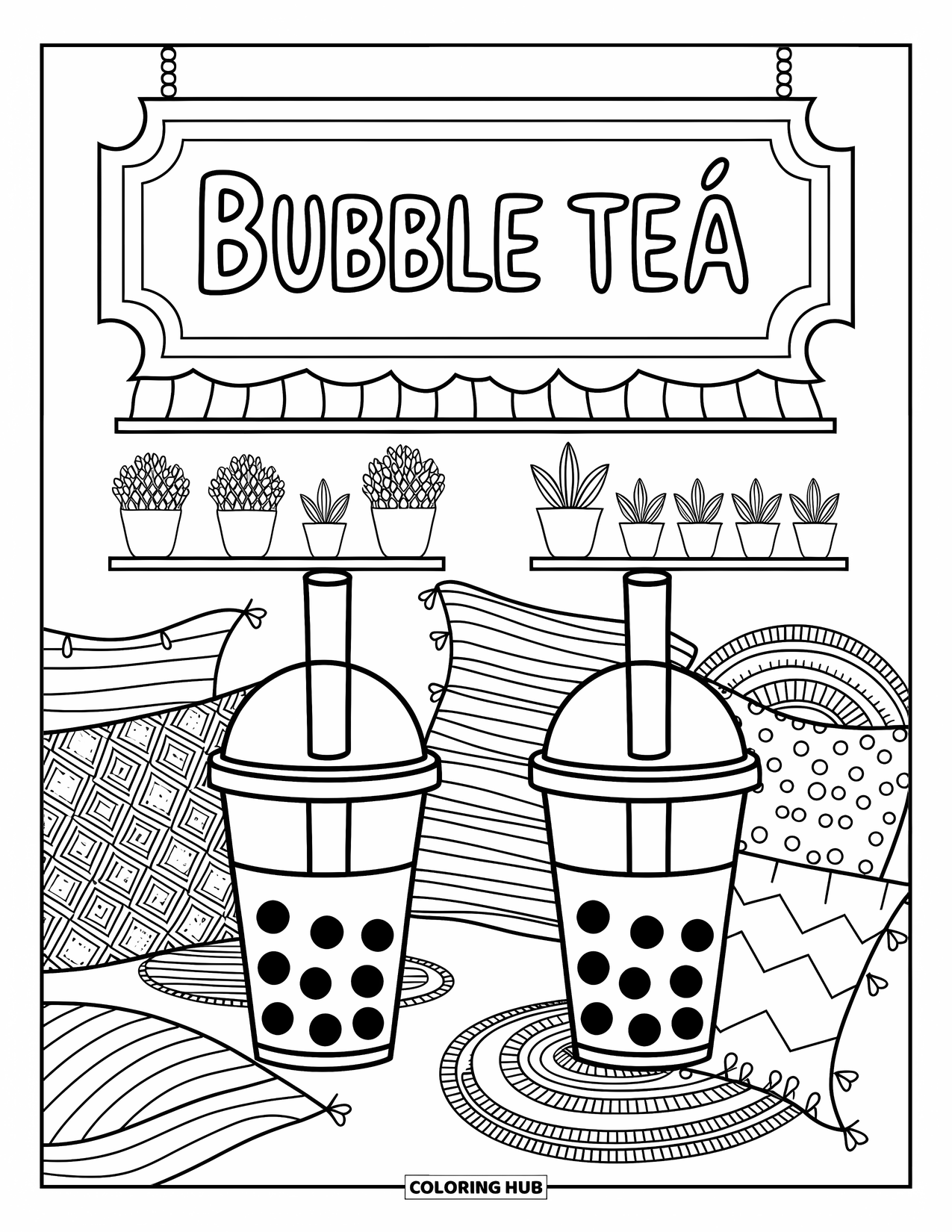Letter B Coloring Page for Adults: A bubbly cafÈ scene with the letter "B", tea cups, and potted plants