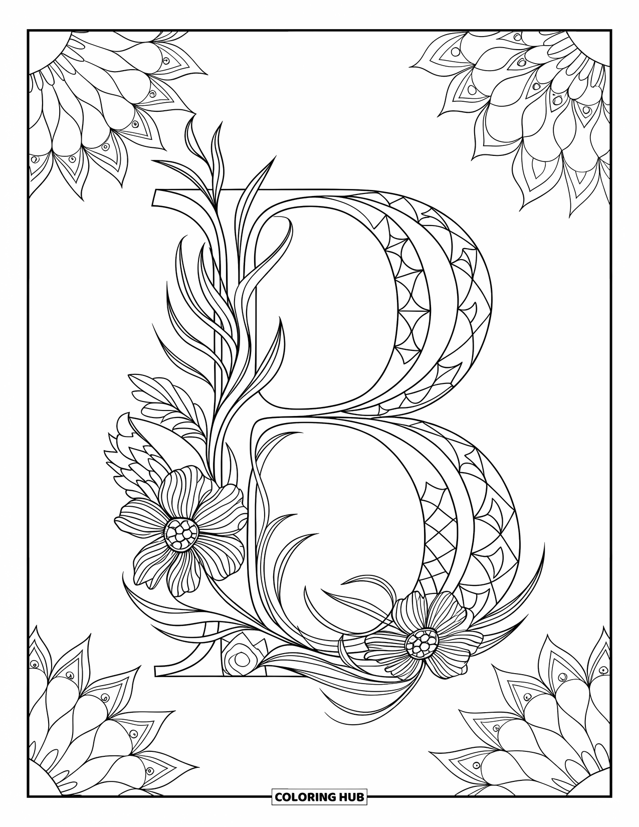 Letter B Coloring Page for Adults: A decorative B wrapped in vines, geometric shapes, and blooming blossoms