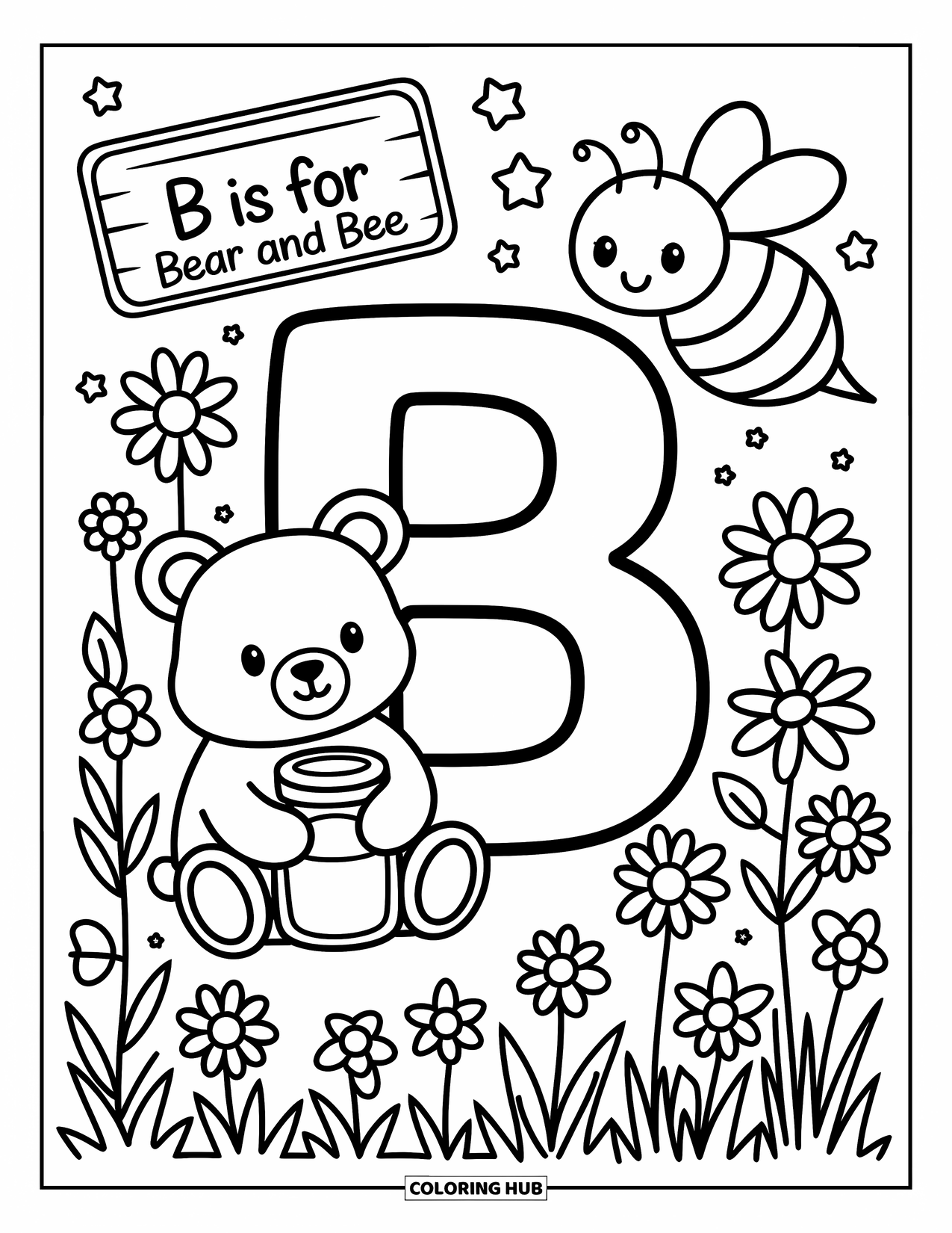 Letter B Coloring Page for Adults: A happy bear and buzzing bee frame the letter "B" in wildflowers