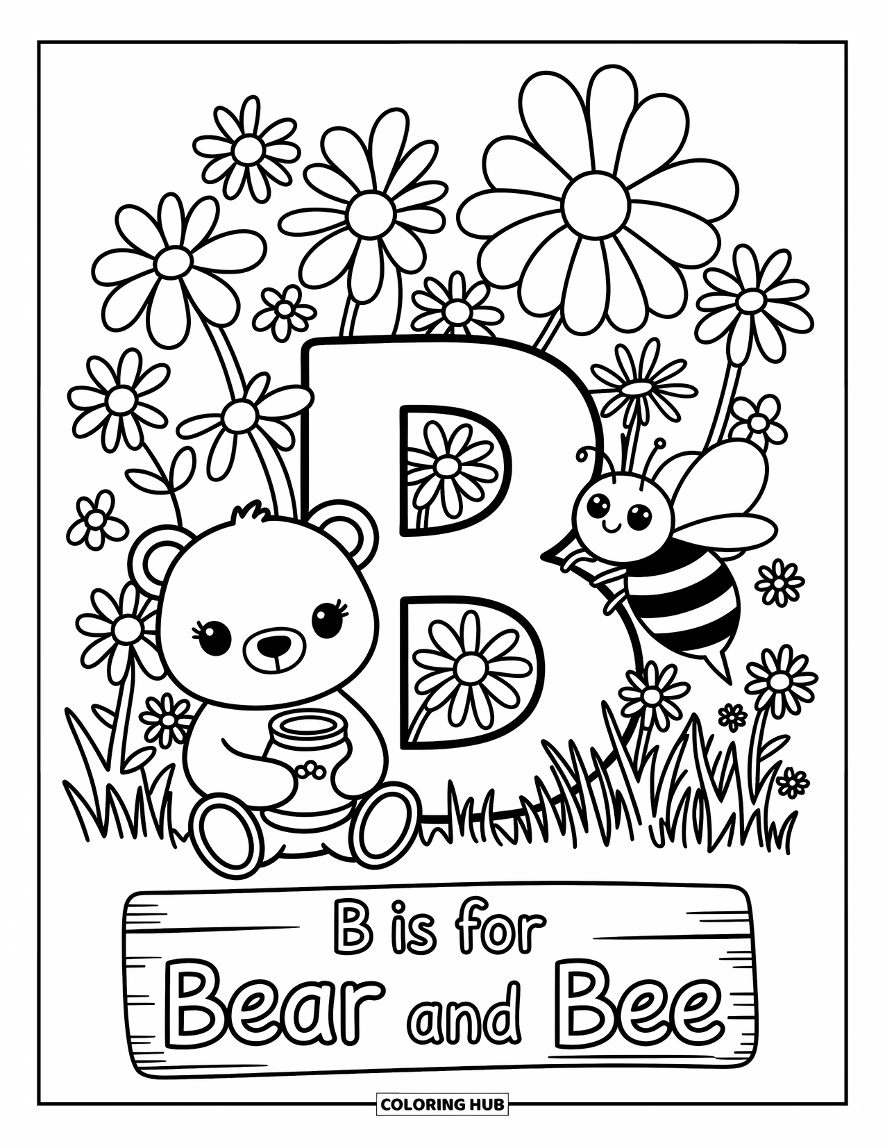 Letter B Coloring Page for Adults: A honey-holding bear and buzzing bee sit beside the letter "B"