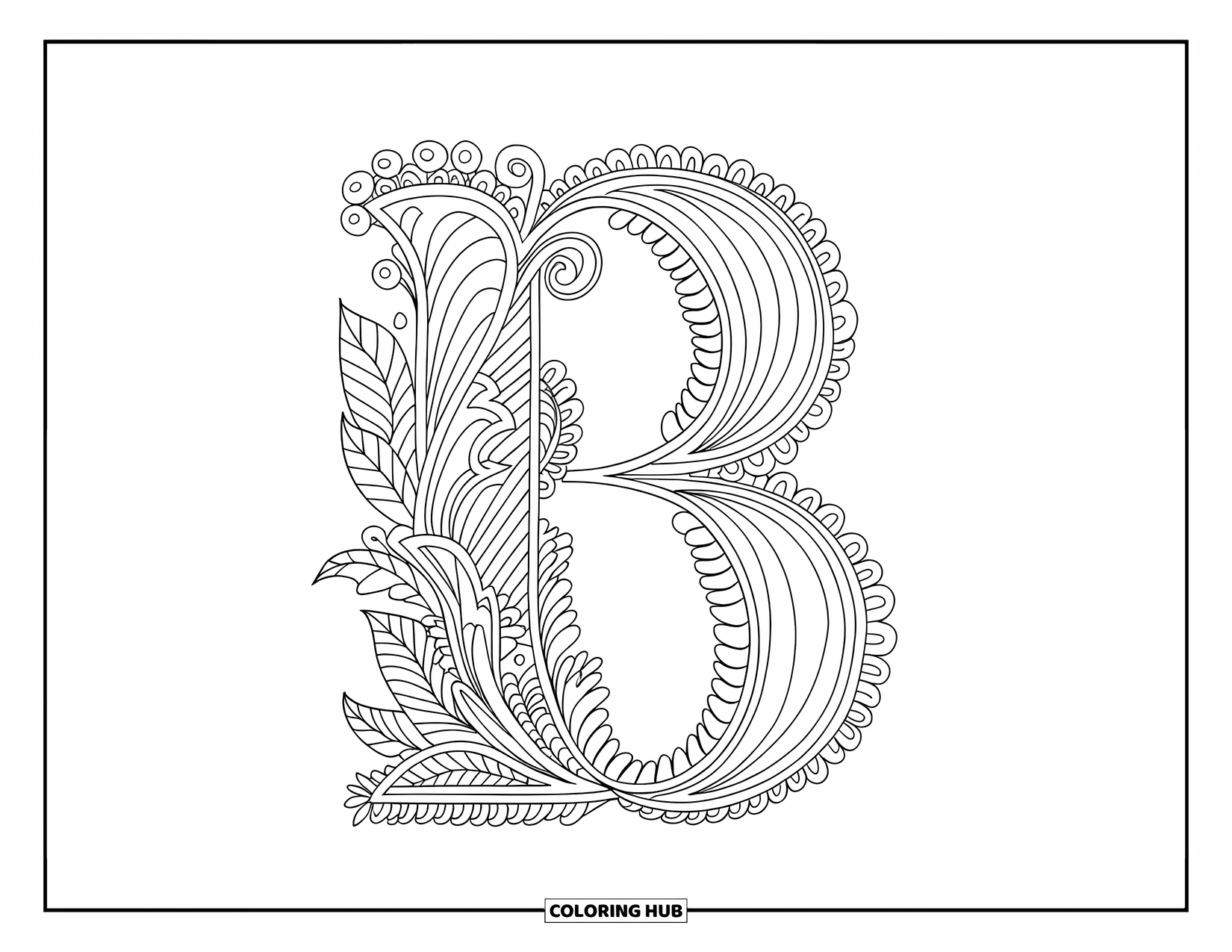 Letter B Coloring Page for Adults: A letter B surrounded by intricate paisley and floral elements with decorative framing