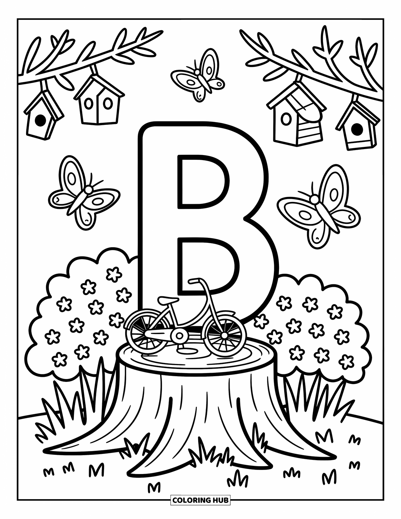 Letter B Coloring Page for Adults: A tree stump "B" surrounded by butterflies, birdhouses, and bushes