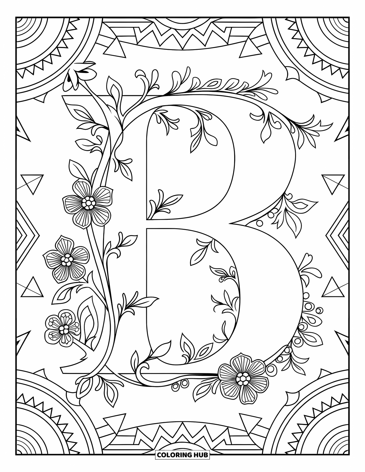 Letter B Coloring Page for Adults: An artistic B surrounded by blossoms, stars, triangles, and vine-covered borders