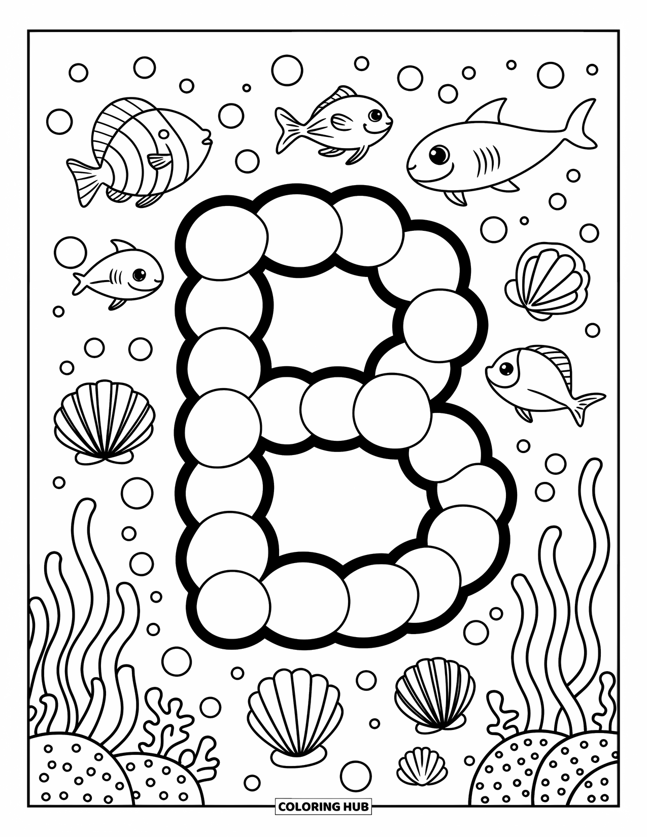 Letter B Coloring Page for Adults: An underwater "B" floats with a blowfish, baby shark, and blue tang