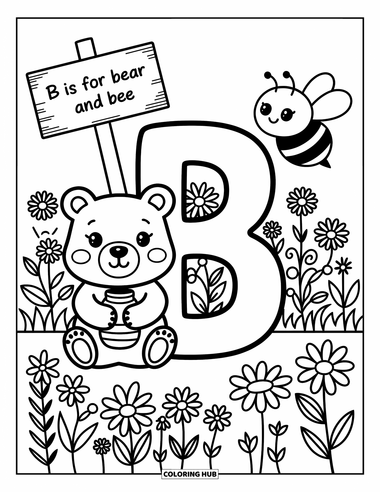 Letter B Coloring Page for Adults: "B is for Bear and Bee" in a field of flowers with a wooden sign