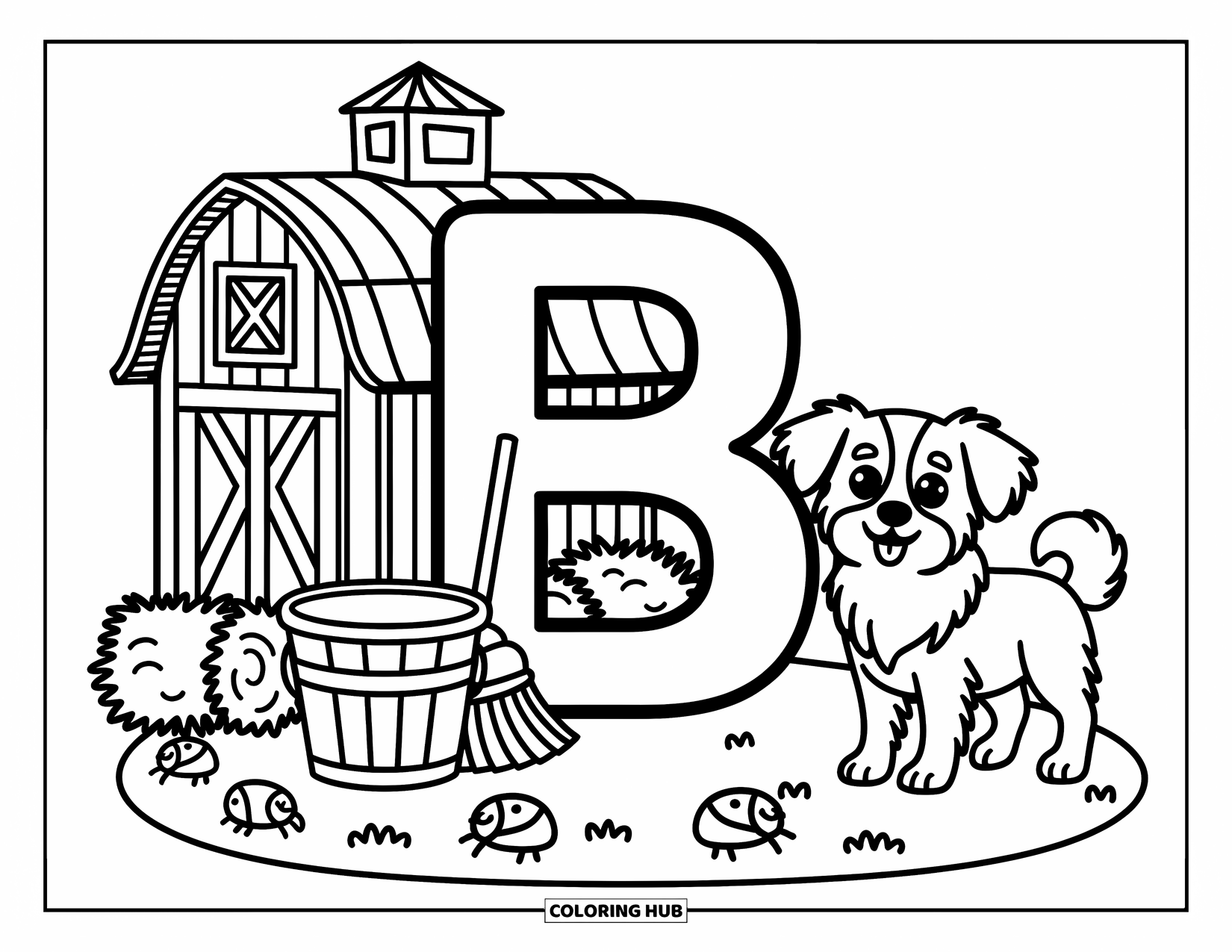 Letter B Coloring Page for Adults: Barnyard "B" with hay, a bucket, a broom, and tiny beetles below