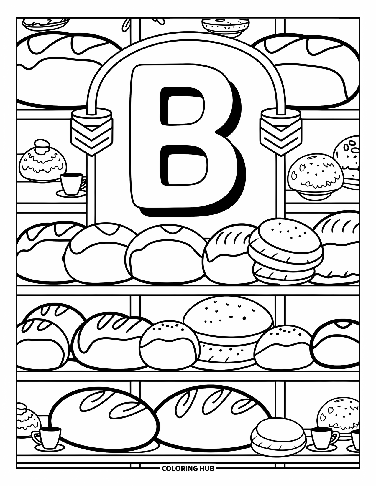 Letter B Coloring Page for Adults: Buns, biscuits, and a cozy cafÈ surround the whimsical "B"
