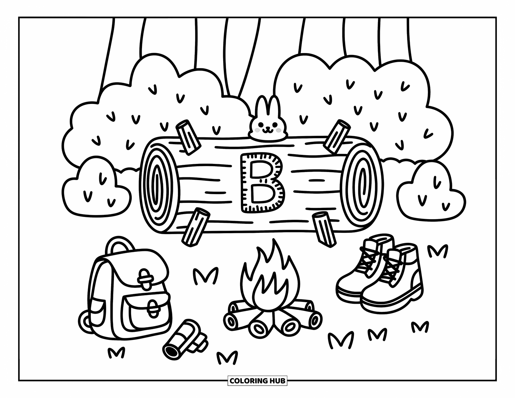 Letter B Coloring Page for Adults: Cozy campsite scene with a "B" log, bunny, boots, and backpack