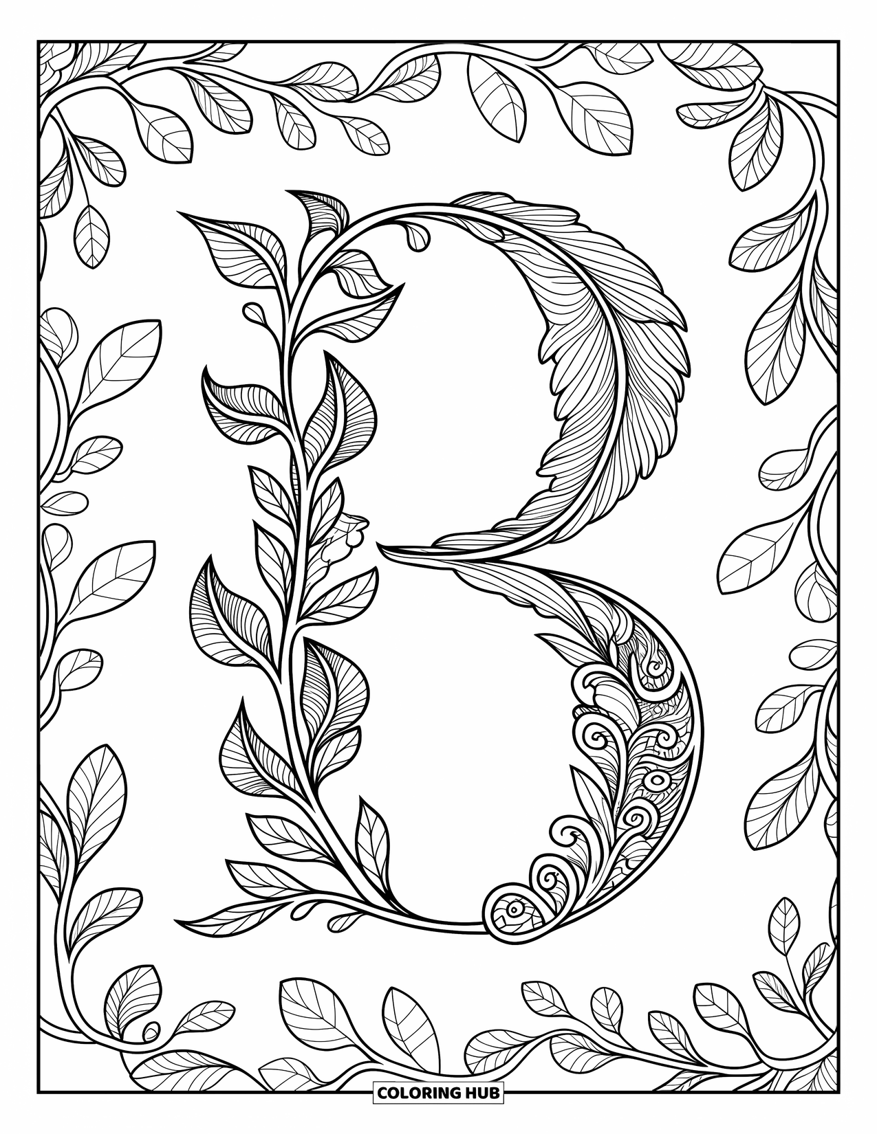 Letter B Coloring Page for Adults: Curvy zentangle B made of swirling vines and a leafy background