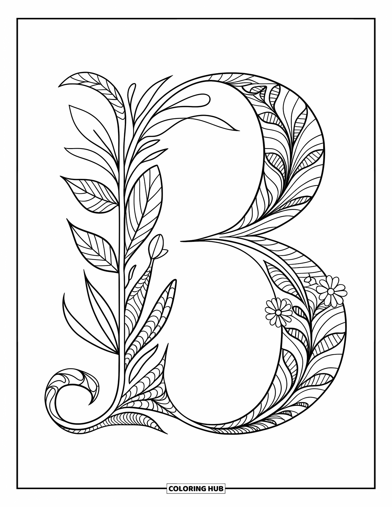 Letter B Coloring Page for Adults: Floral zentangle B with curling designs and crisp, black outlines
