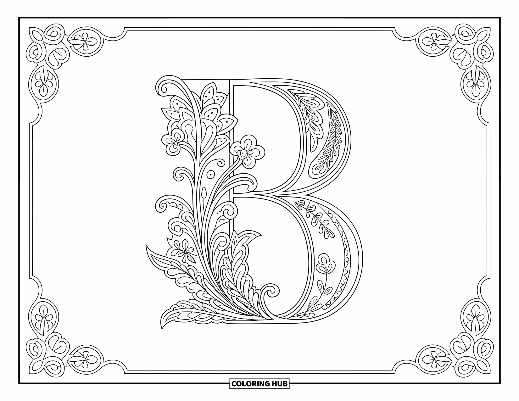 Letter B Coloring Page for Adults: The letter B enclosed in swirling paisley patterns with fine botanical details and borders