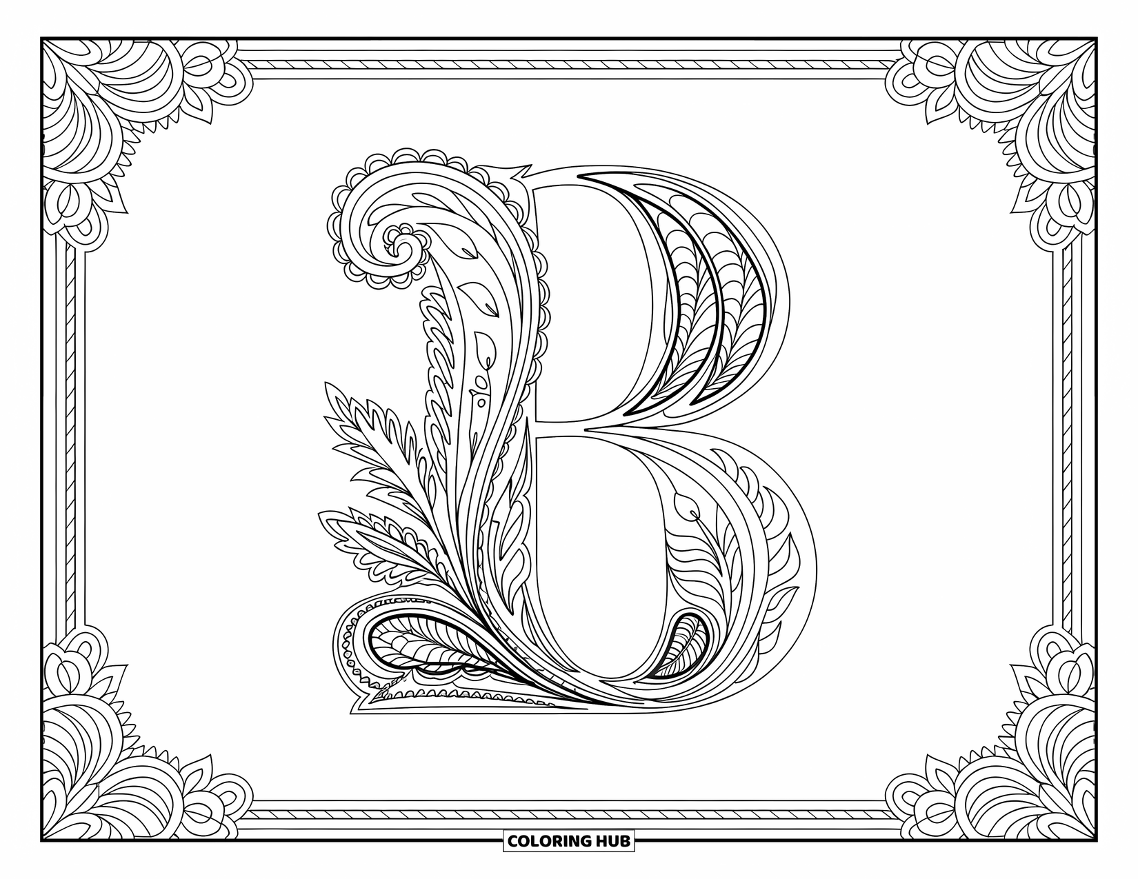 Letter B Coloring Page for Adults: The letter B highlighted by paisley spirals, leaves, and detailed botanical designs