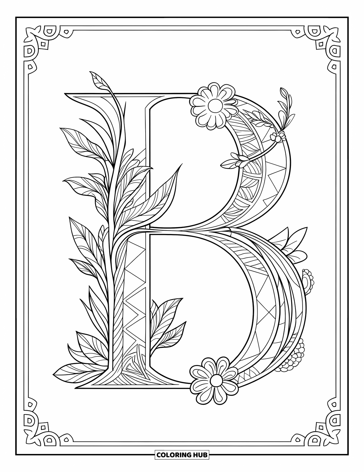 Letter B Coloring Page for Adults: The letter B is framed with curling vines, flowers, and angular patterns