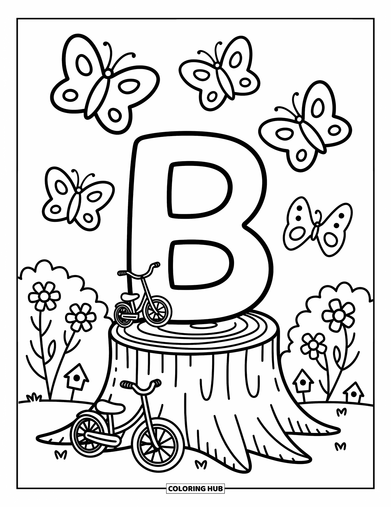 Letter B Coloring Page for Adults: The letter "B" sits on a tree stump surrounded by butterflies and bushes
