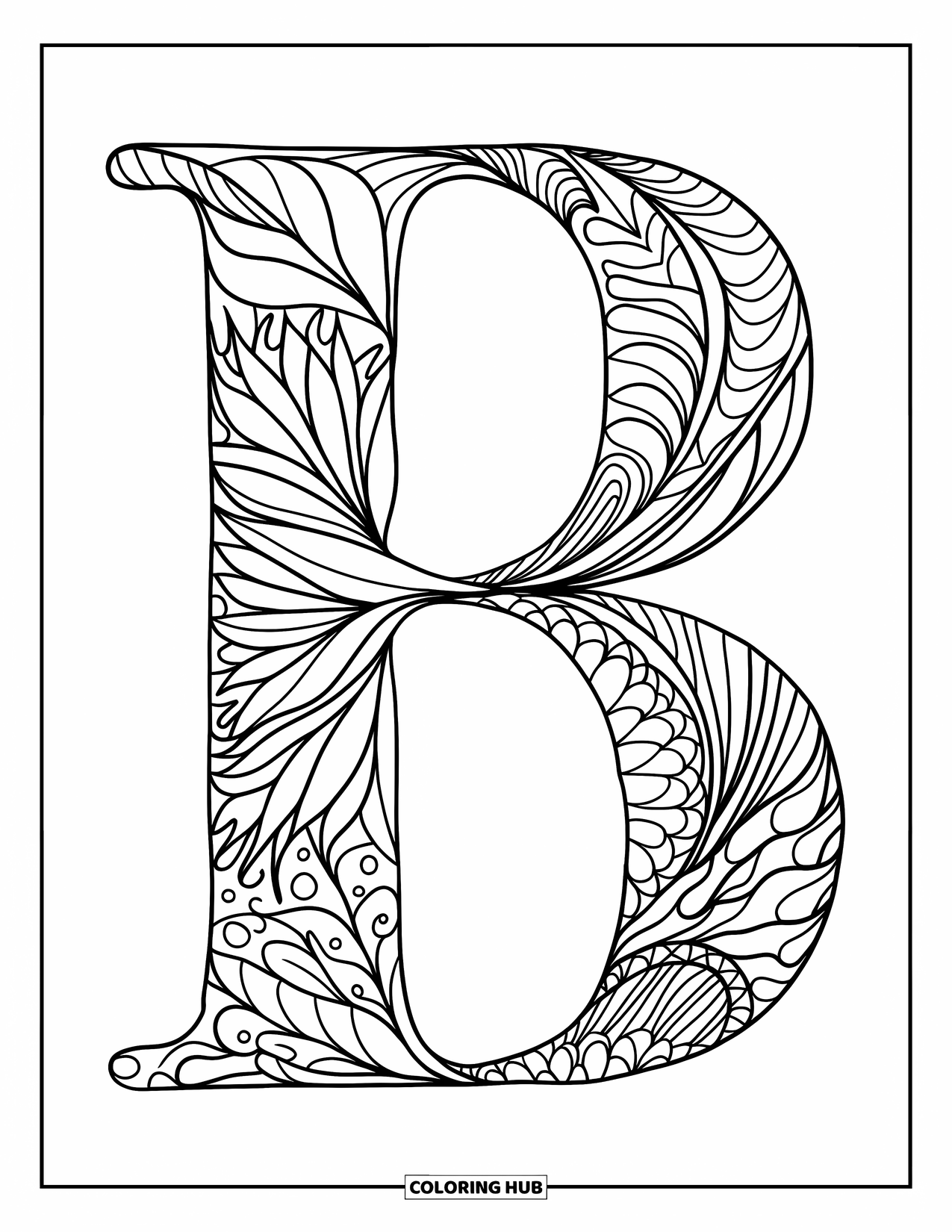 Letter B Coloring Page for Adults: Zentangle-style B with intricate leaf and floral patterns inside clean outlines