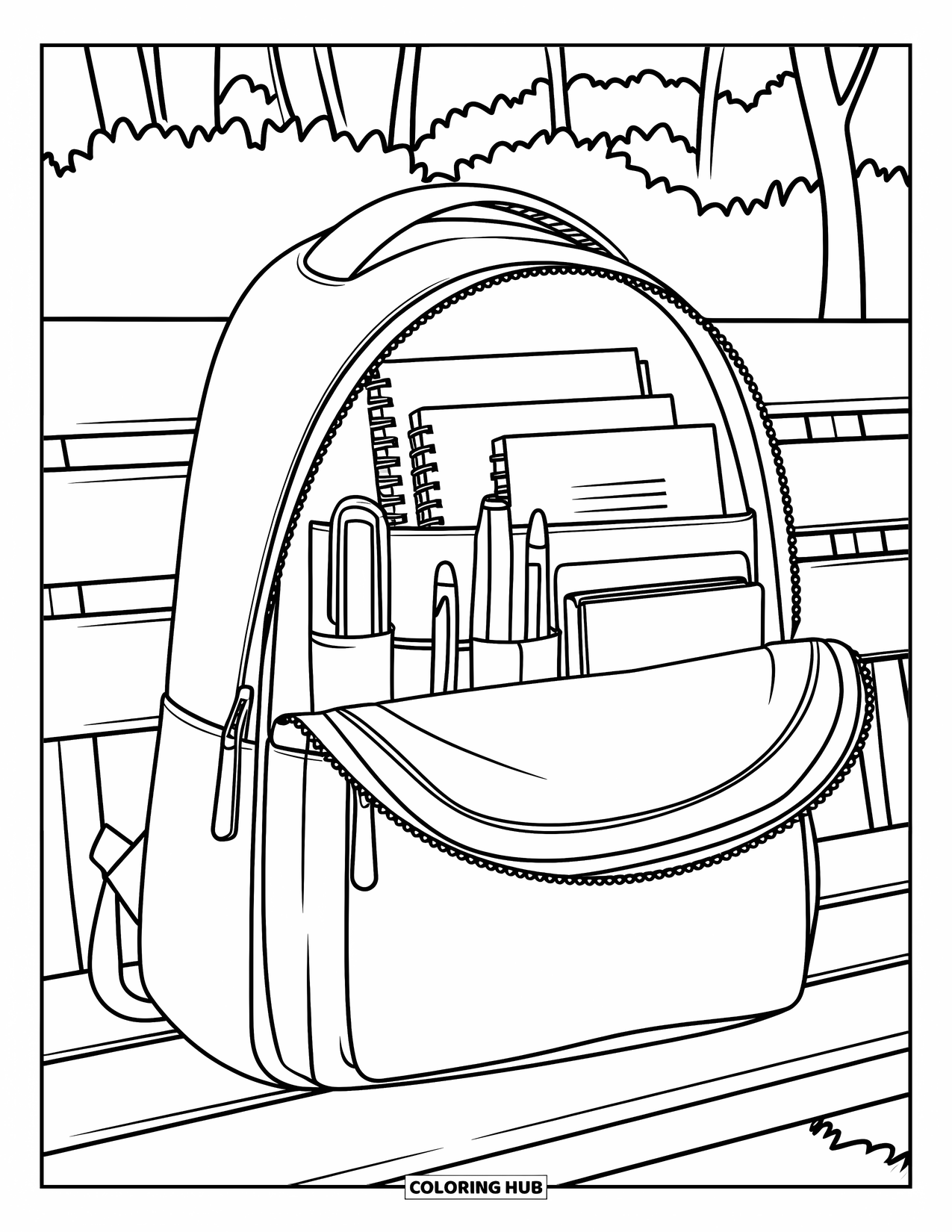 Letter B Coloring Page for Kids: Backpack on a park bench with books, water bottle, and trees