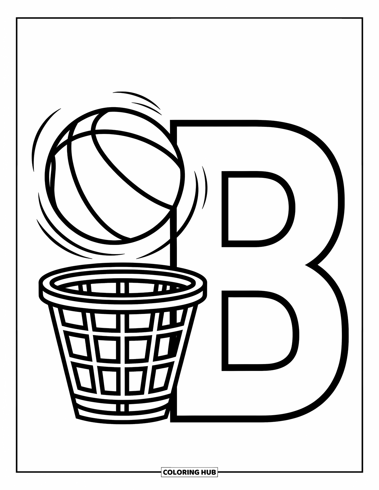 Letter B Coloring Page for Kids: Ball bouncing from basket beside a tall letter B